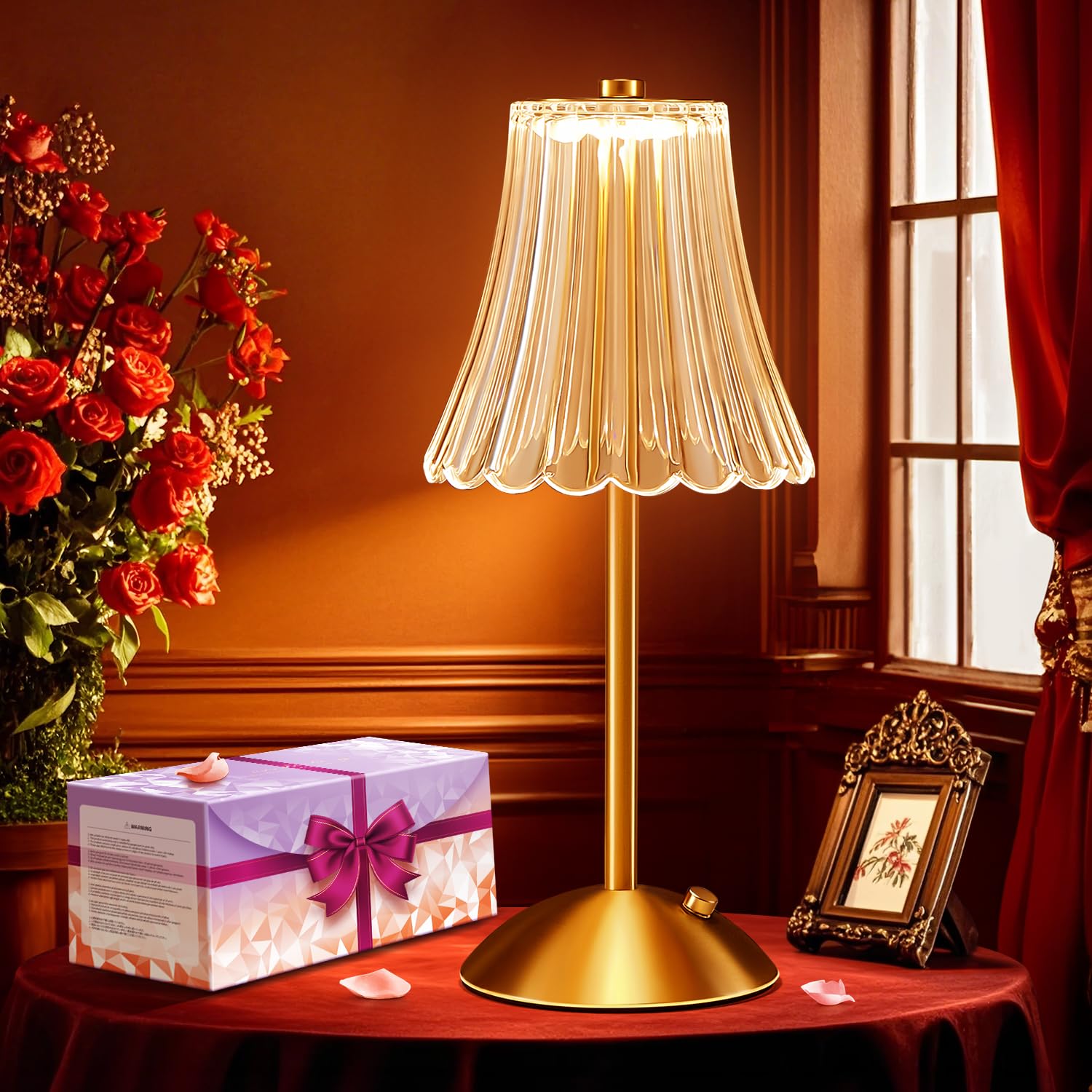 One Fire Vintage Lamp Flower Lamp ?Gifts Package? Cute Lamp Crystal Lamp,Dimmable Small Table Lamp,3 Colors Touch Lamp Small Lam