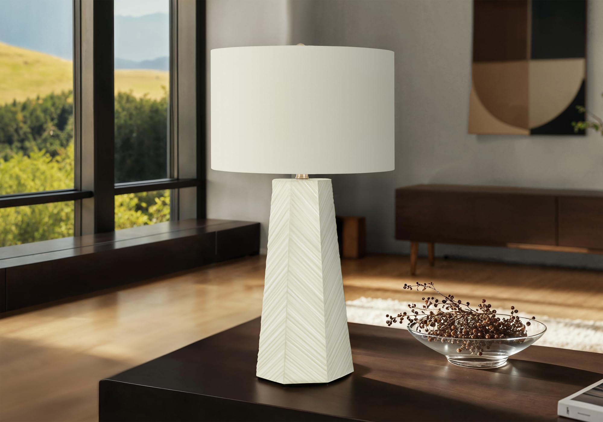 Monarch Specialties I 9614 Table Lamp, White Ceramic, Ivory Shade, 16inL x 16inW x 29.25inH