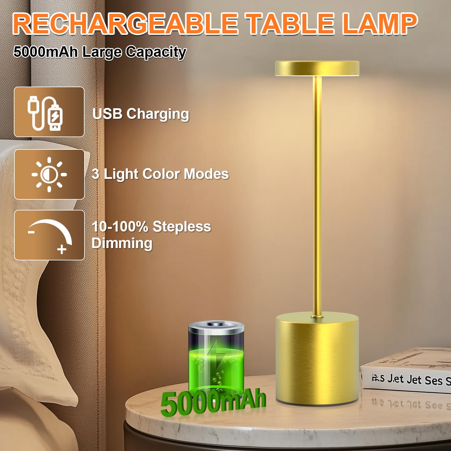 AUDLES Cordless Table Lamp - 2 Pack, 5000mAh Battery, 3-Color Dimmable Light, Gold, Model 80010665