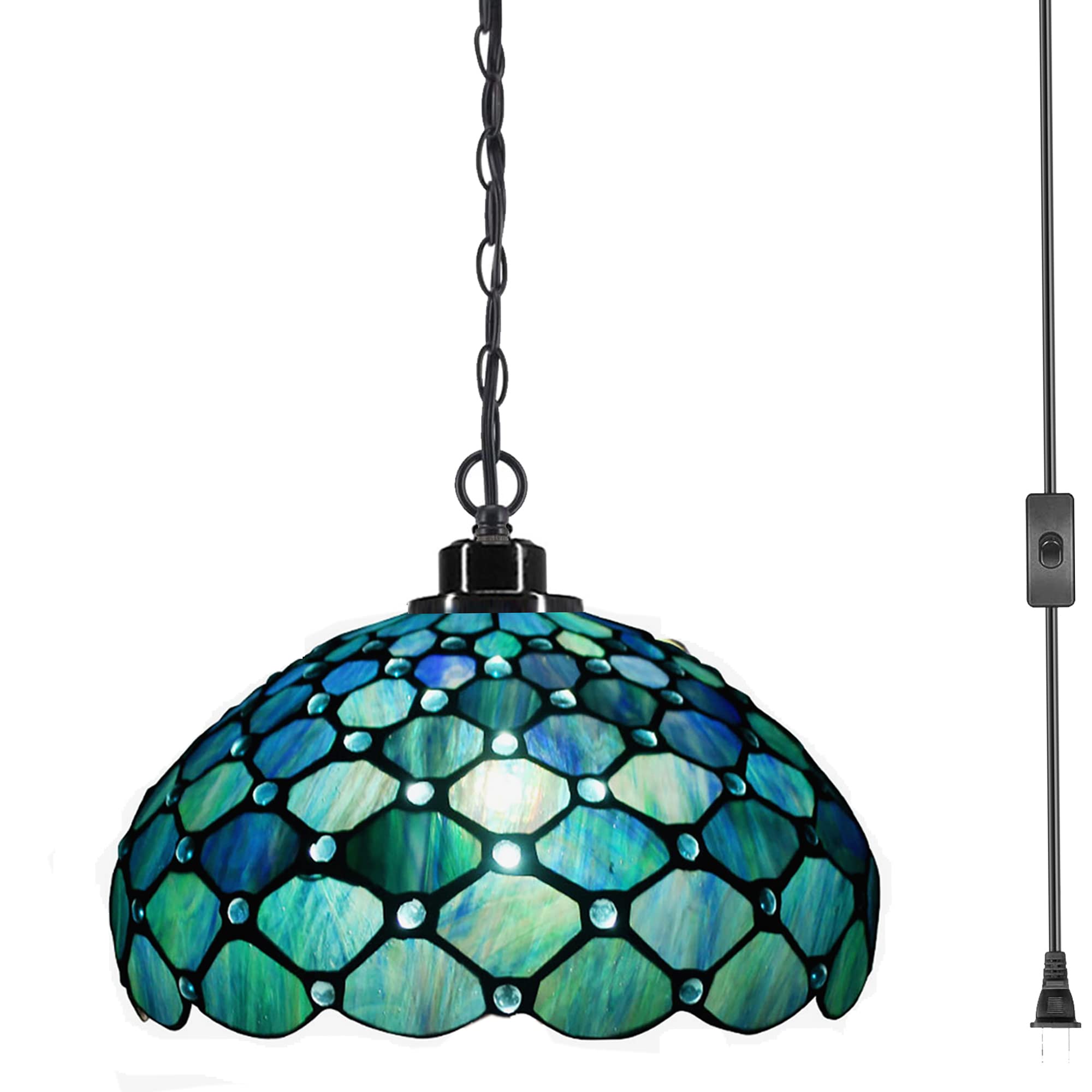 ZJART Tiffany Pendant Light Plug in Stained Glass Swag Lamp 12X12X181 Inch Hanging Lamp (Sea Blue Pearl for Dining Room Living Room