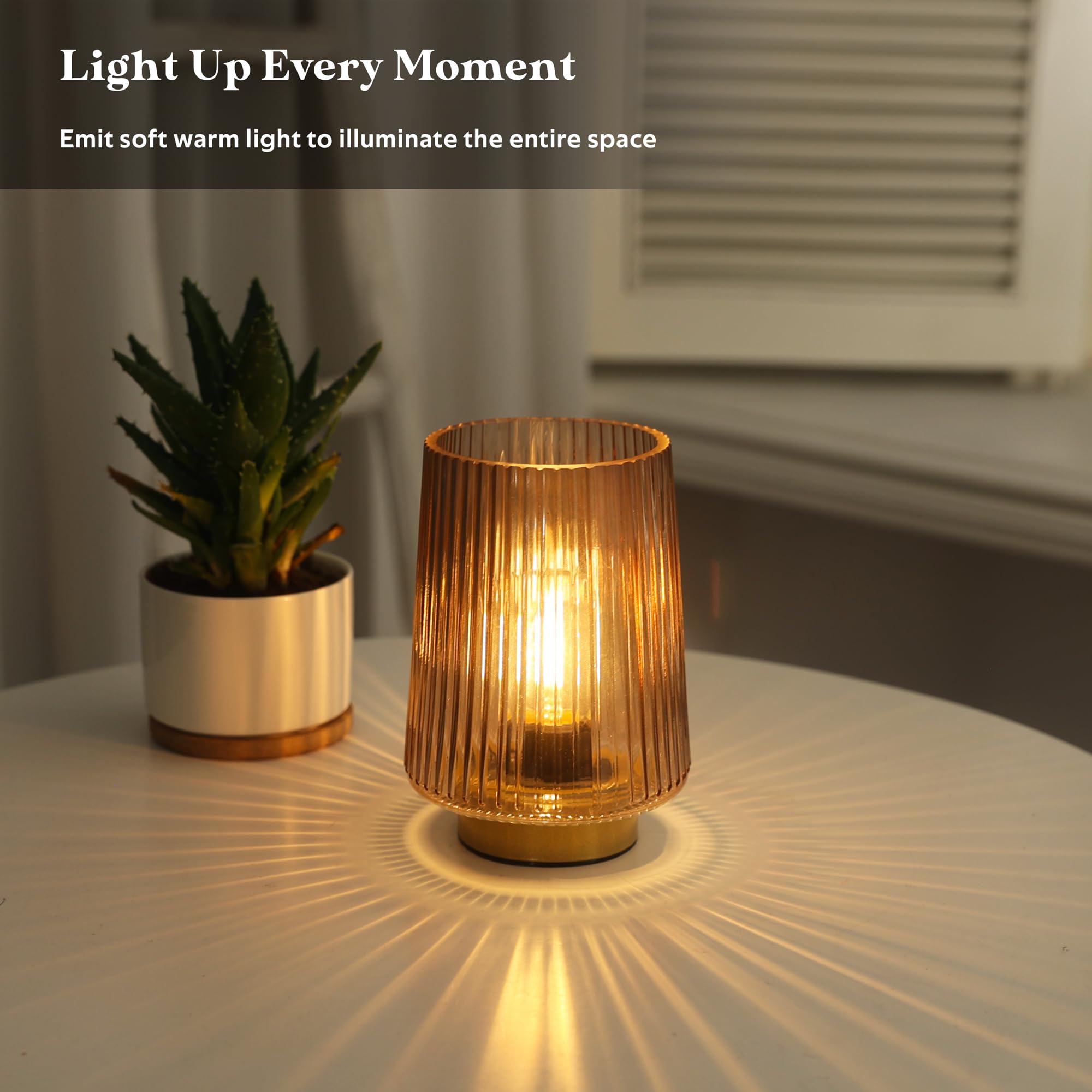 LUSHARBOR Battery Operated Table Lamp Set of 2, Amber Glass, Timer, Cordless Decorative Lamp for Bedside Living Room