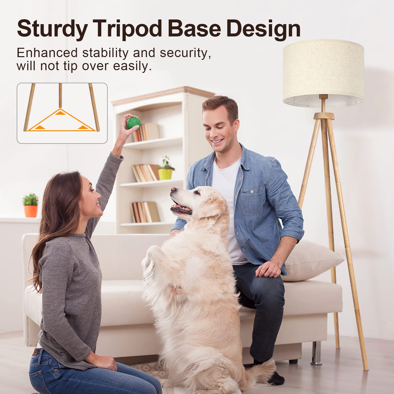 OUTON Tripod Floor Lamp with Remote Control, Dimmable, 4 Color Temperatures, Beige Linen Shade, Nature Wood Finish