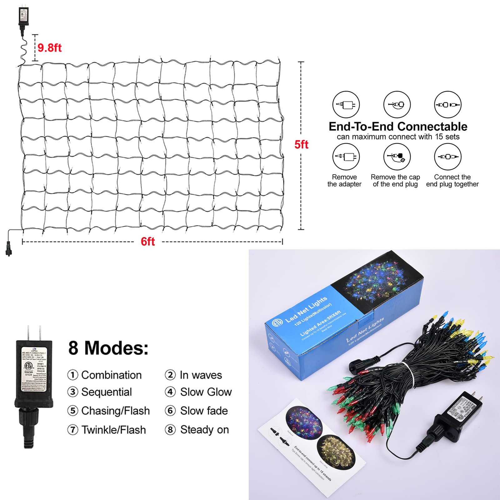 Neoclassy 120LED Christmas Net Lights, 5ft x 6ft, Multicolor, Connectable, 8 Modes, Waterproof, Black Wire, Model GP-SW290DC012