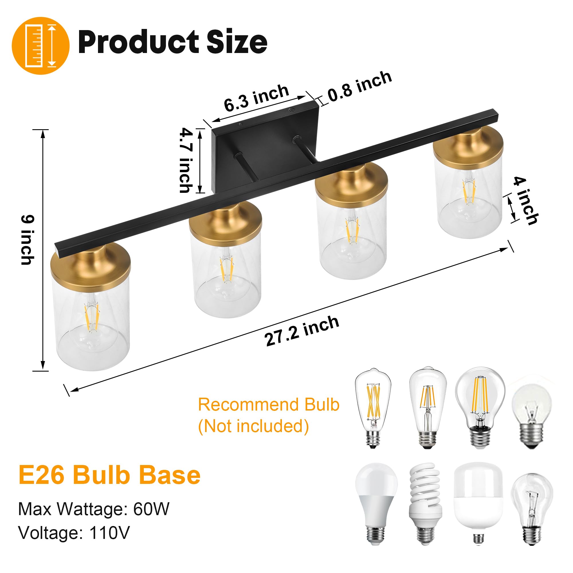 Grower 4 Lights Bathroom Light Fixtures, Black And Gold Bathroom Vanity Lights Over Mirror, Wall Sconces With Clear Glass Shade, Brushed Nickel Vanity Light Fixture For Bedroom Hallway Porch