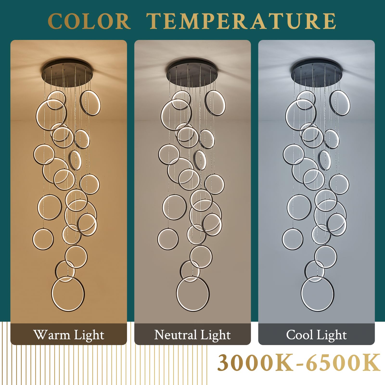 Sparklelf 20 Rings Modern Led Chandelier For High Ceiling Dimmable Black Contemporary Foyer Long Chandelier For Entryway, Long P