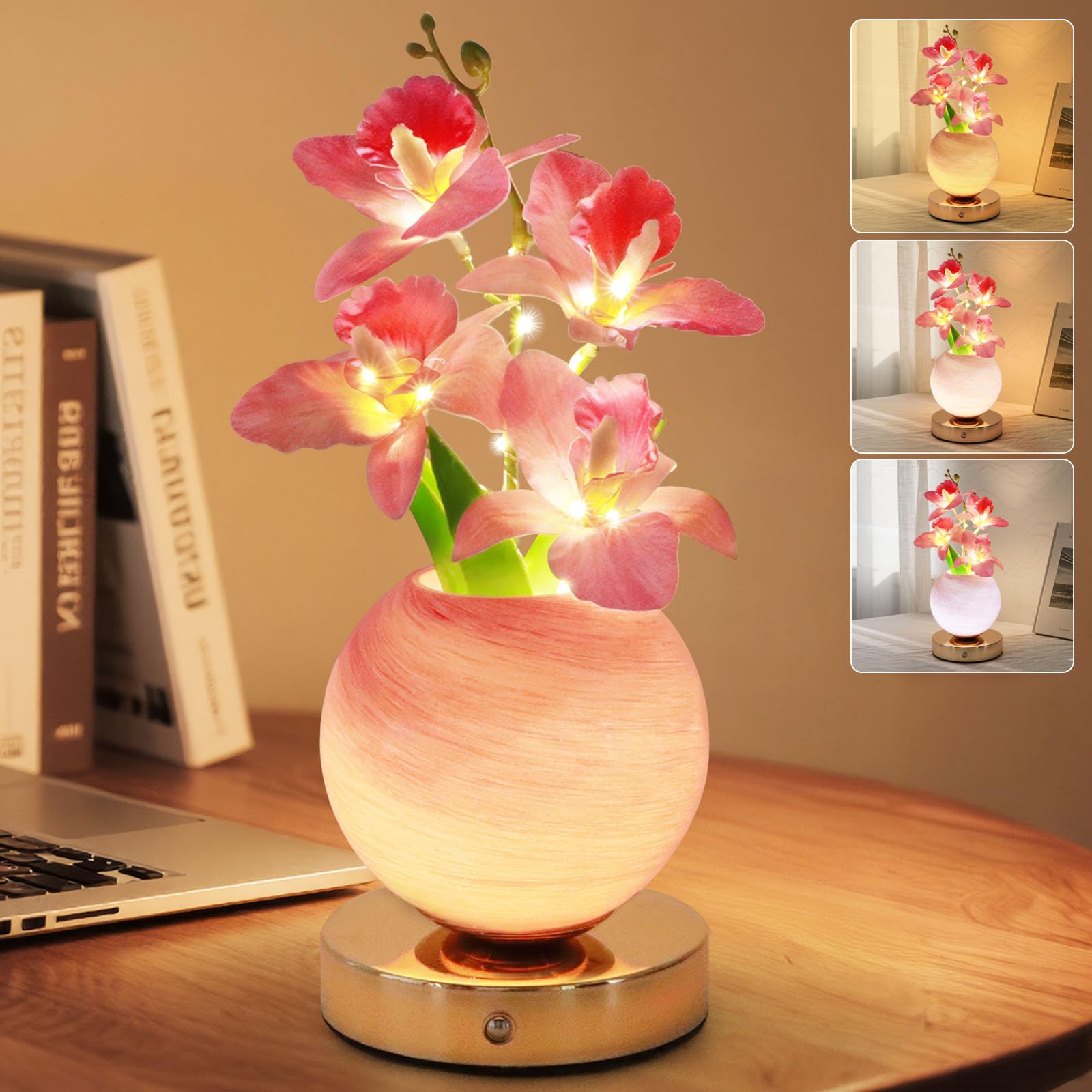Strackvial Flower Table Lamp, 3 Colors Orchid Night Light, Cordless Touch Dimming Artificial Flower with Vase Lamp, LED Bedside 
