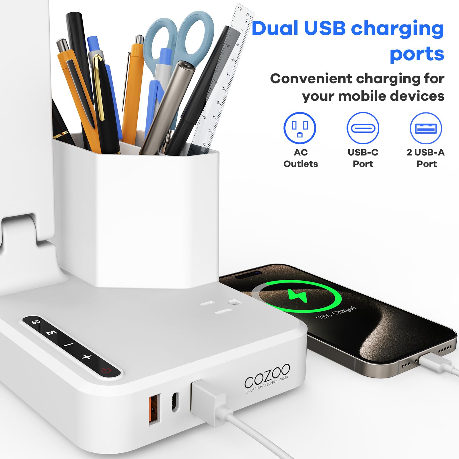 COZOO Dimmable Desk Lamp with USB & Type C Ports, Pen Holder, White Plastic