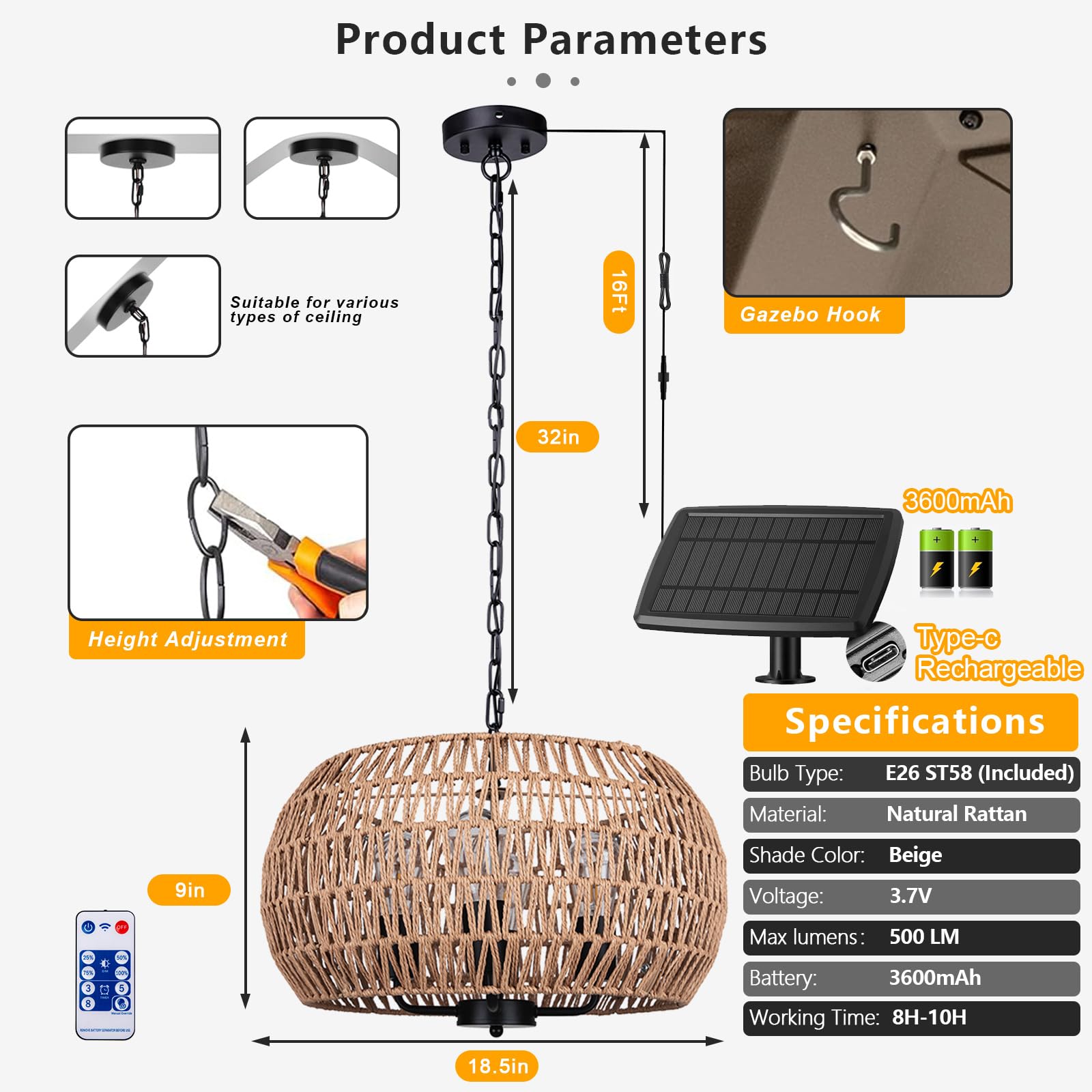 ALL FORTUNE 4-Light Outdoor Solar Chandelier, 19" Beige Rattan, Waterproof Hanging Pendant for Gazebo, Porch, Patio, Model OP-68232-SO