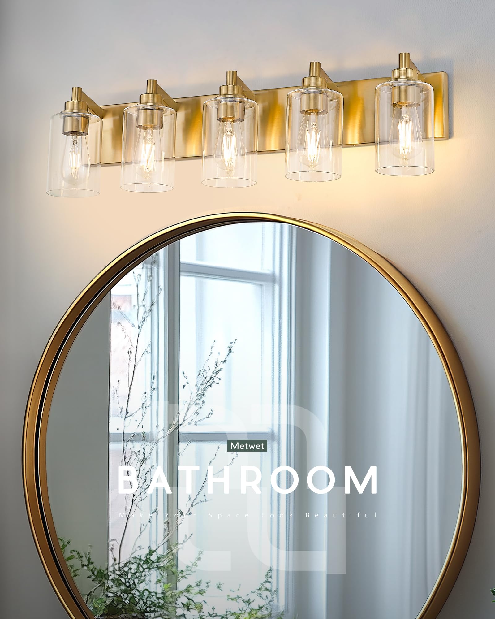 Metwet 5-Light Bathroom Light Fixtures  30 Inch Brushed Gold Vanity Light With Cylinder Clear Glass Shade  Modern Vanity Lighting Fixtures Over Mirror  Vl143-Bg-5