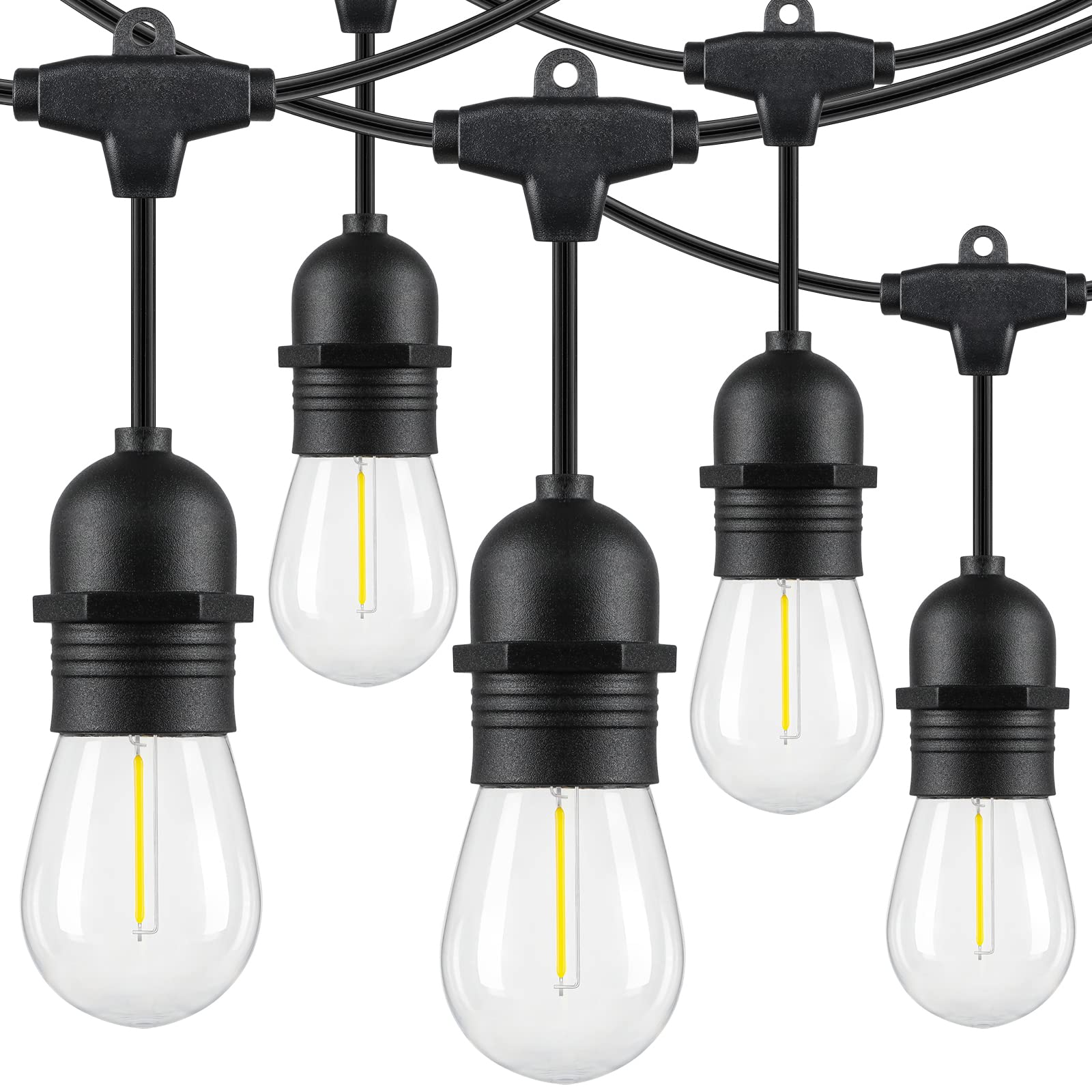 Lakumu 48FT LED Outdoor String Lights, Waterproof Shatterproof E12 S14 Bulbs, Dimmable, Black-5000K, 1-Pack