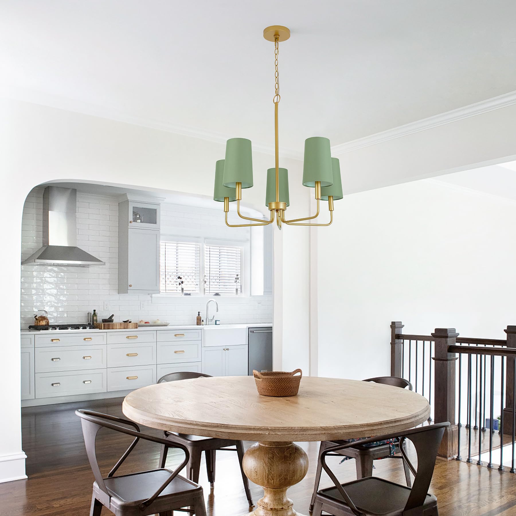 Homebelife Chandelier, Gold With Muted Green Linen Fabric Shade, Farmhouse Linear Island Lighting Fixture For Kitchen, Dining Ro