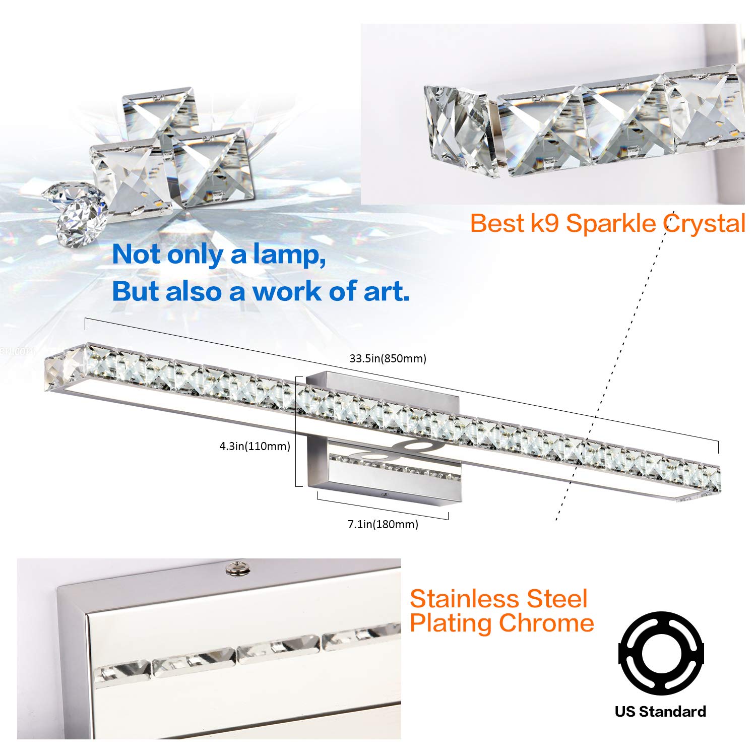 SOLFART Crystal Vanity Lights LED Dimmable Bathroom Fixtures 33.5in Chrome Modern Design
