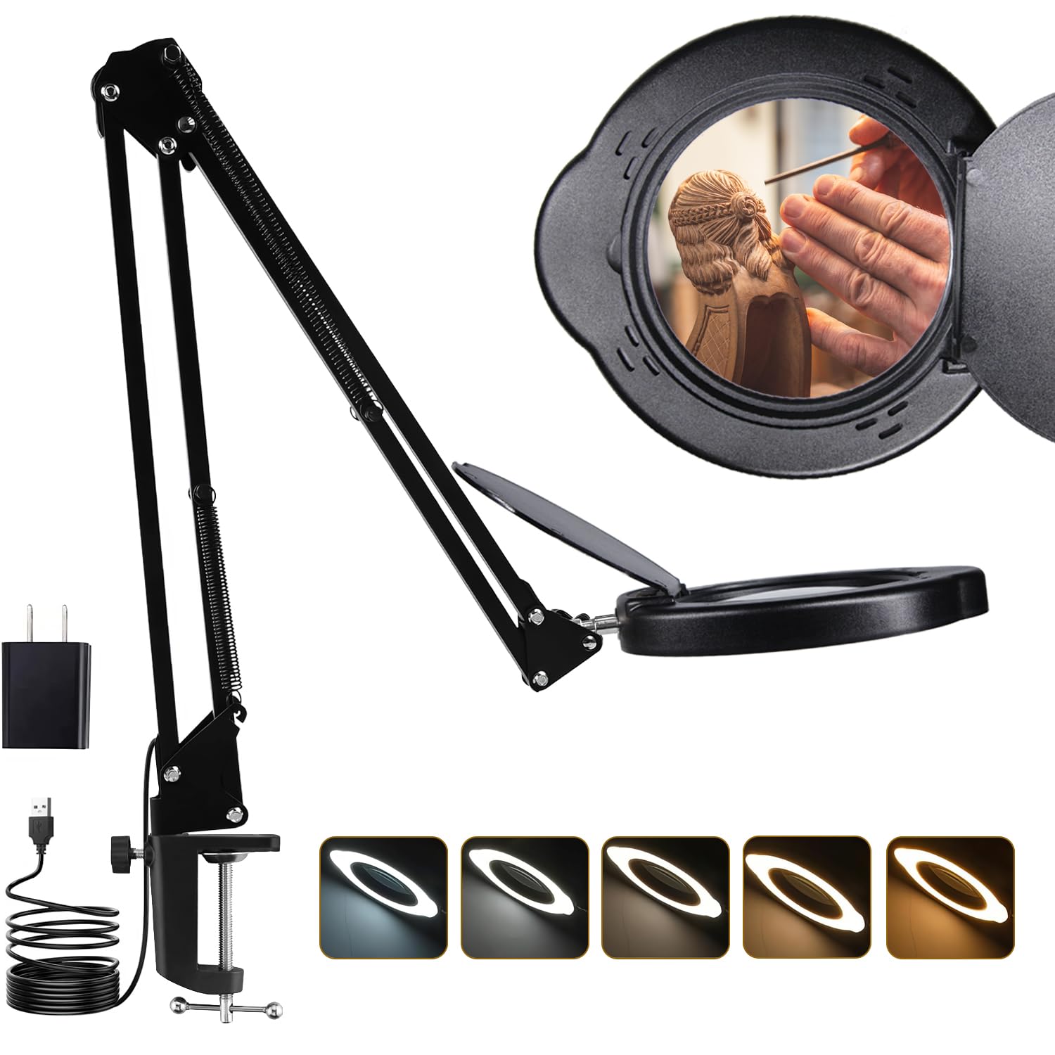 15X Magnifying Glass Desk Lamp with Clamp, Real Glass Lens with Dust Cover, 84 LEDs, 5 Color Modes, 10 Brightness Dimmable, Long