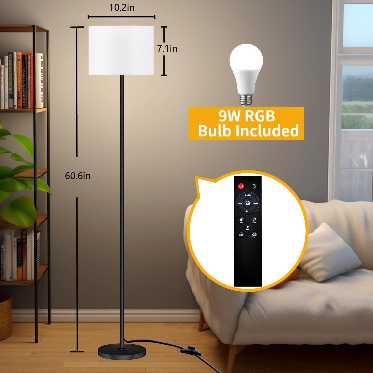 Qaubauyt Floor Lamp For Living Room Bedroom,Modern Led Floor Lamp With Remote Control And Stepless Dimmable Colors Temperature &