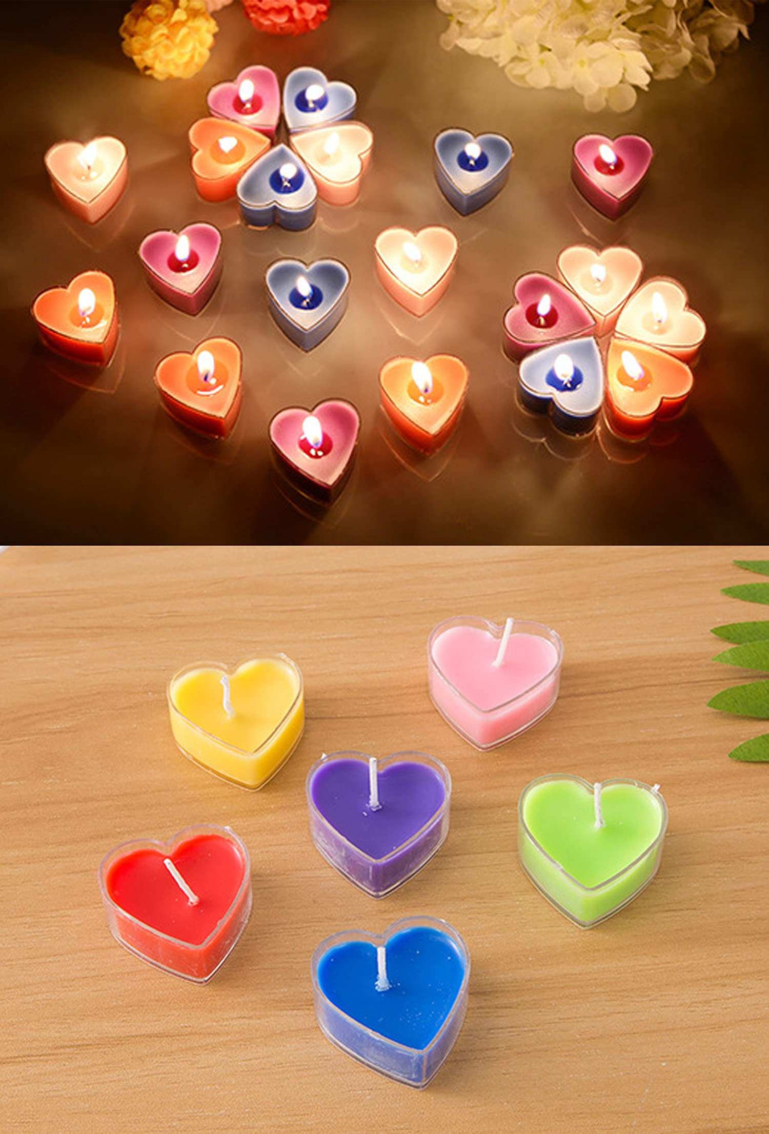 Heart-Shaped Tealight Candles,12PCS Multicolor Love Romantic Unscented Candle with 100PCS Silk Rose Petals,Mini Candle Discs for