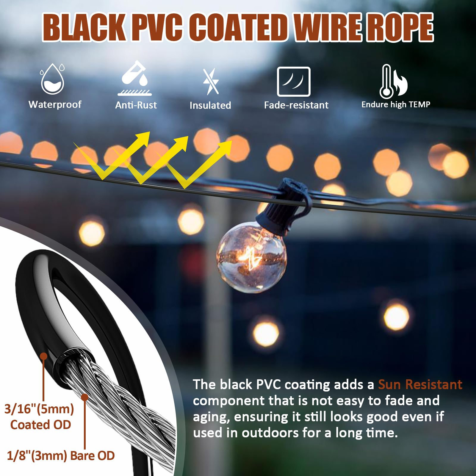 hannger Black Globe String Light Hanging Kit - 50FT PVC Coated Steel Cable with Accessories for Outdoor & Patio Lighting