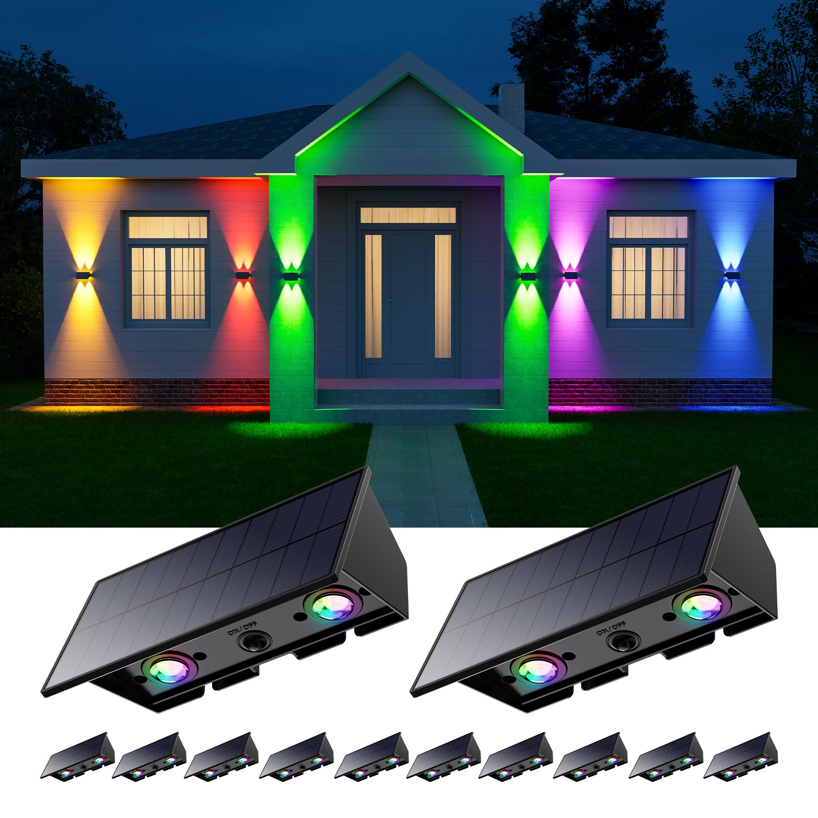 12 Pack RGB Solar Up and Down Wall Lights Outdoor Decorative Fence LED Waterproof Lamps for Deck, Patio, Porch, House, Garden, P