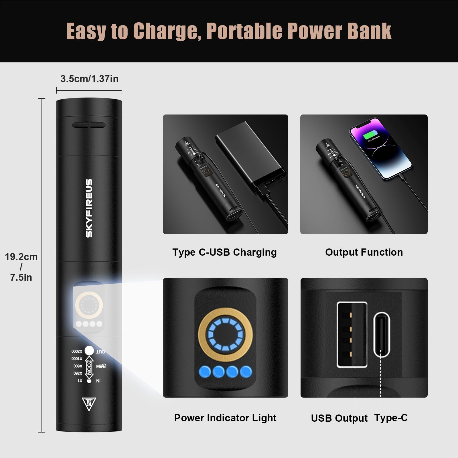 SKYFIRE Rechargeable Flashlight 9000 Lumens, 5 Modes, Aluminum, Black, Model 1353