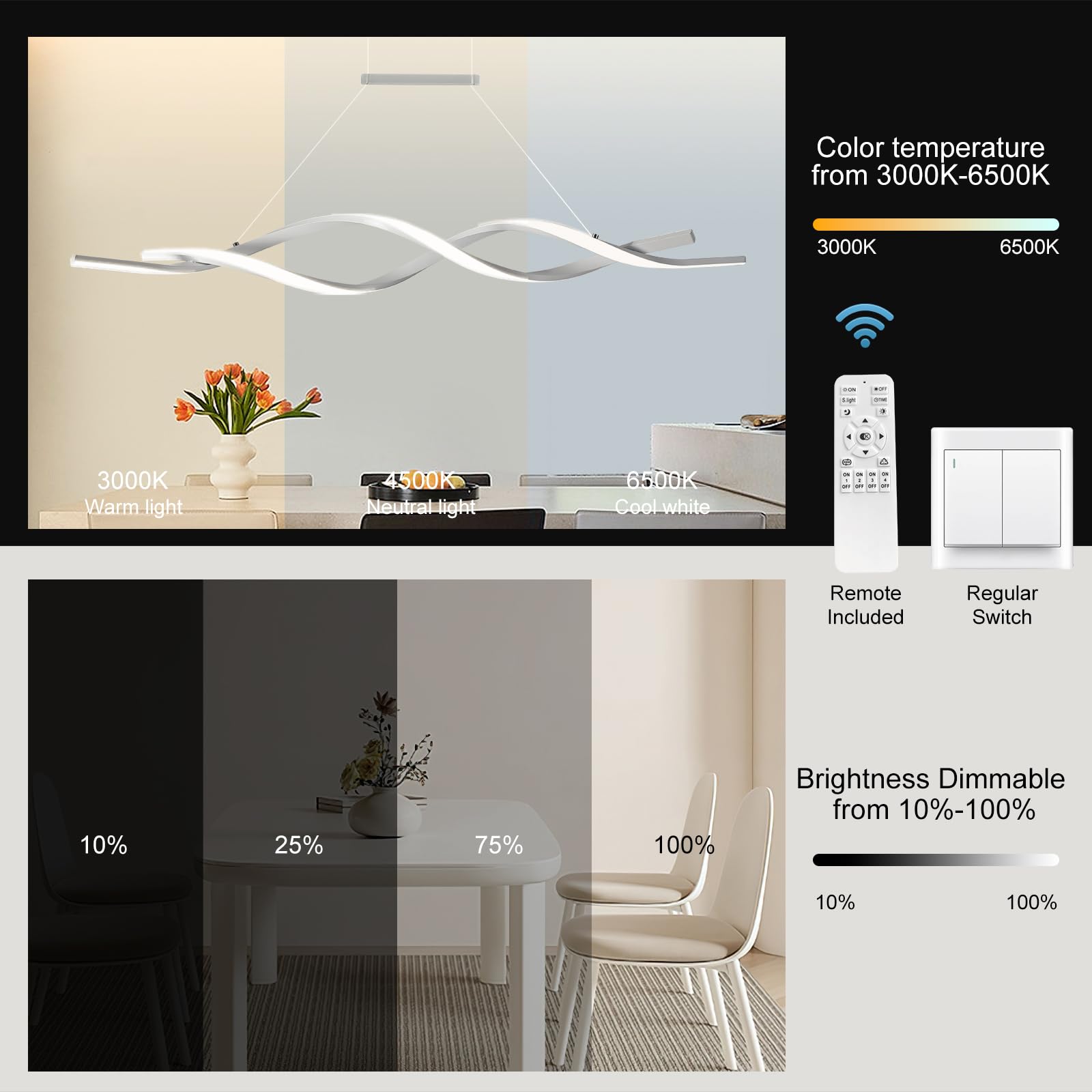 Jaycomey Modern Pendant Light, Dimmable LED Chandelier, Wave Shape, 28W, 3000-6000K, White, Model SFM-19009-100-WJ