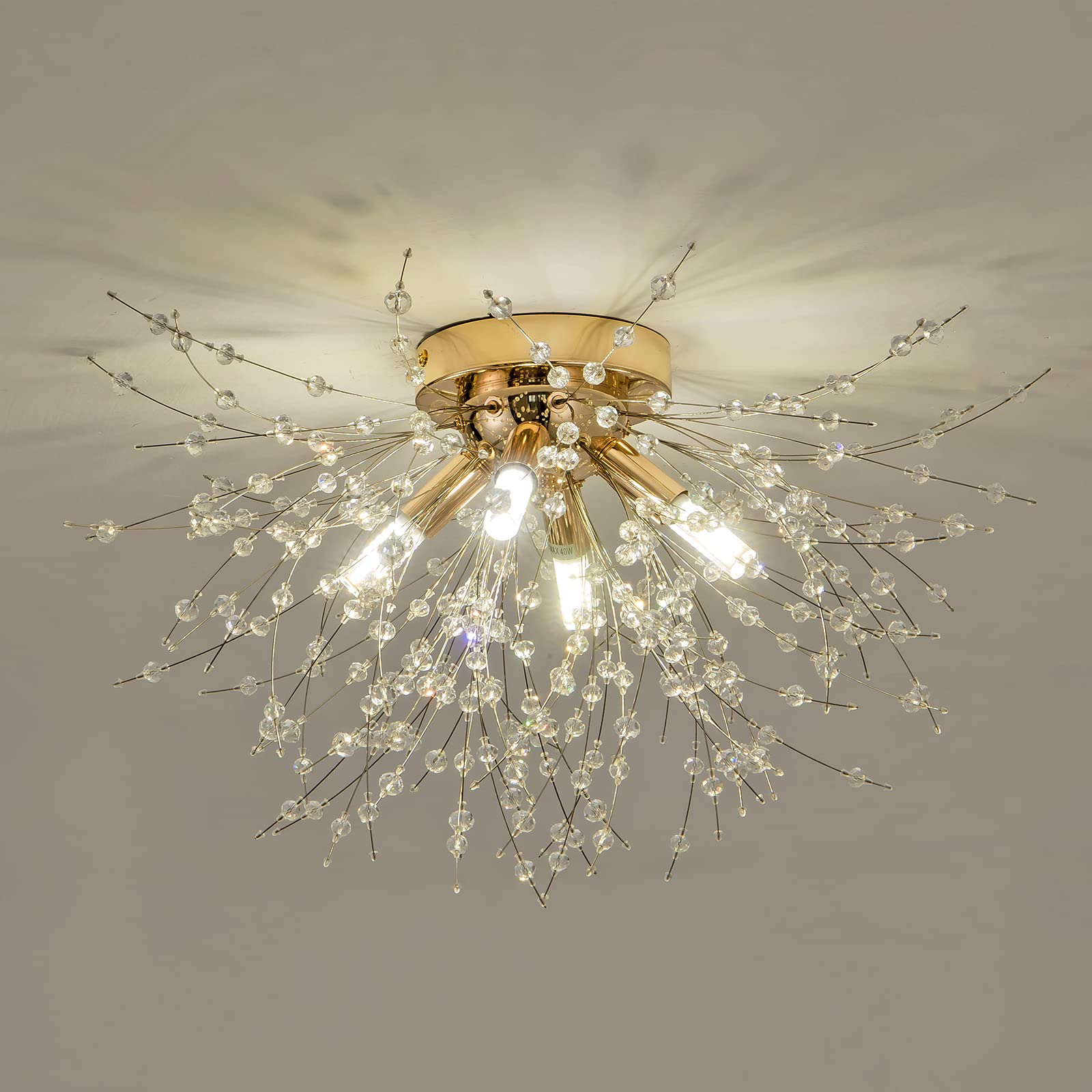Modern Small Crystal Ceiling Light Fixture, 4-Light Gold Crystal Sputnik Firework Chandelier, Semi Flush Mount Ceiling Light Fix
