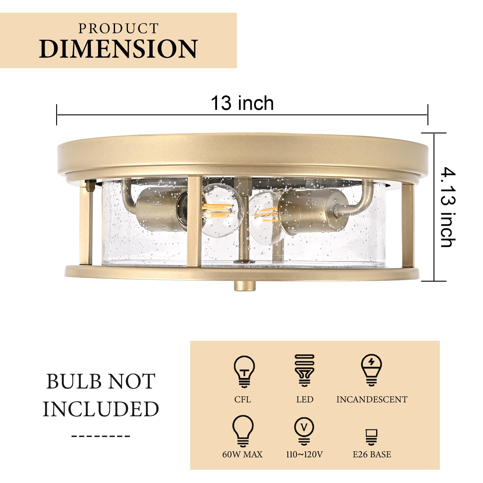 Odorpower Gold Flush Mount Ceiling Light Fixture With Glass Brass Ceiling Light Fixture For Bedroom, Indoor Outdoor Ceiling Lights For Porch Hallway Kitchen