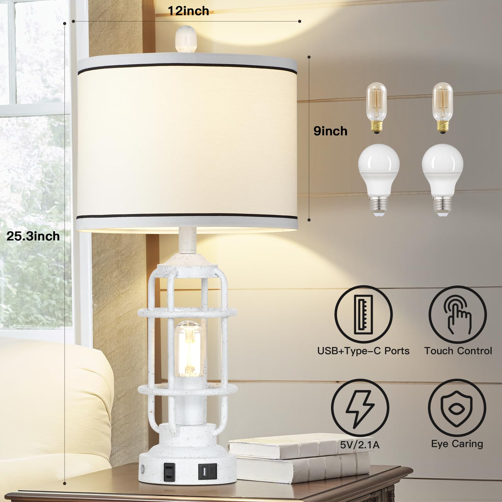 Farmhouse Lamps Set Of 2, White Vintage Rustic Industrial Lamps With Usb A+C Charging Ports & Ac Outlet, 3 Way Dimmable Touch Co