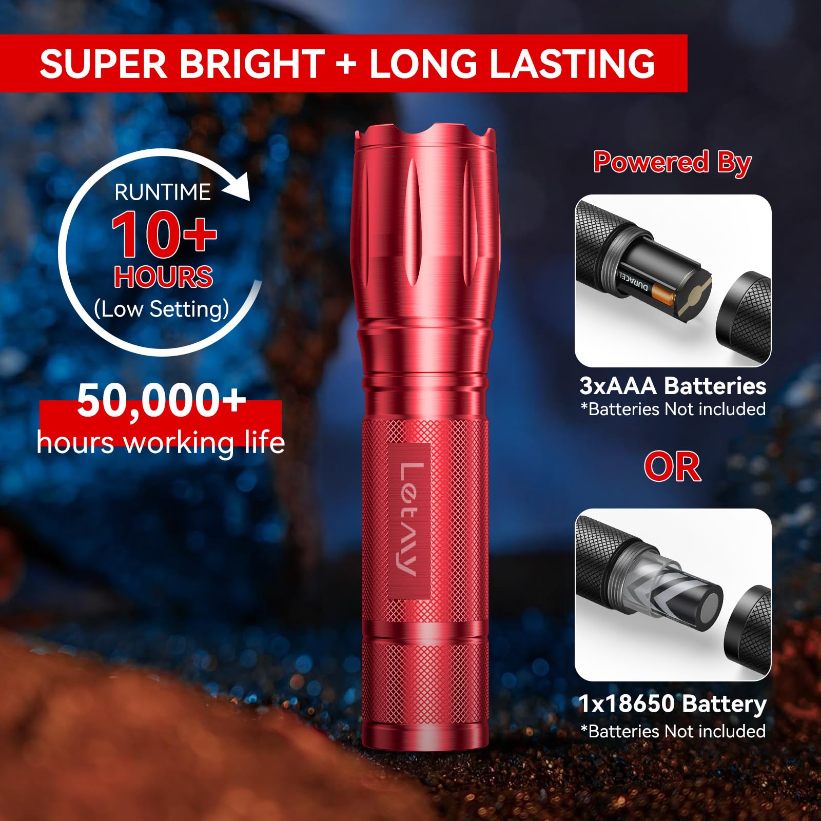 Letmy Tactical Flashlight - 2 Pack Bright Military Grade Flashlights High Lumens - Portable Handheld Flash Light, 5 Modes Zoomable Waterproof Flashlights For Home Emergency Camping- Red
