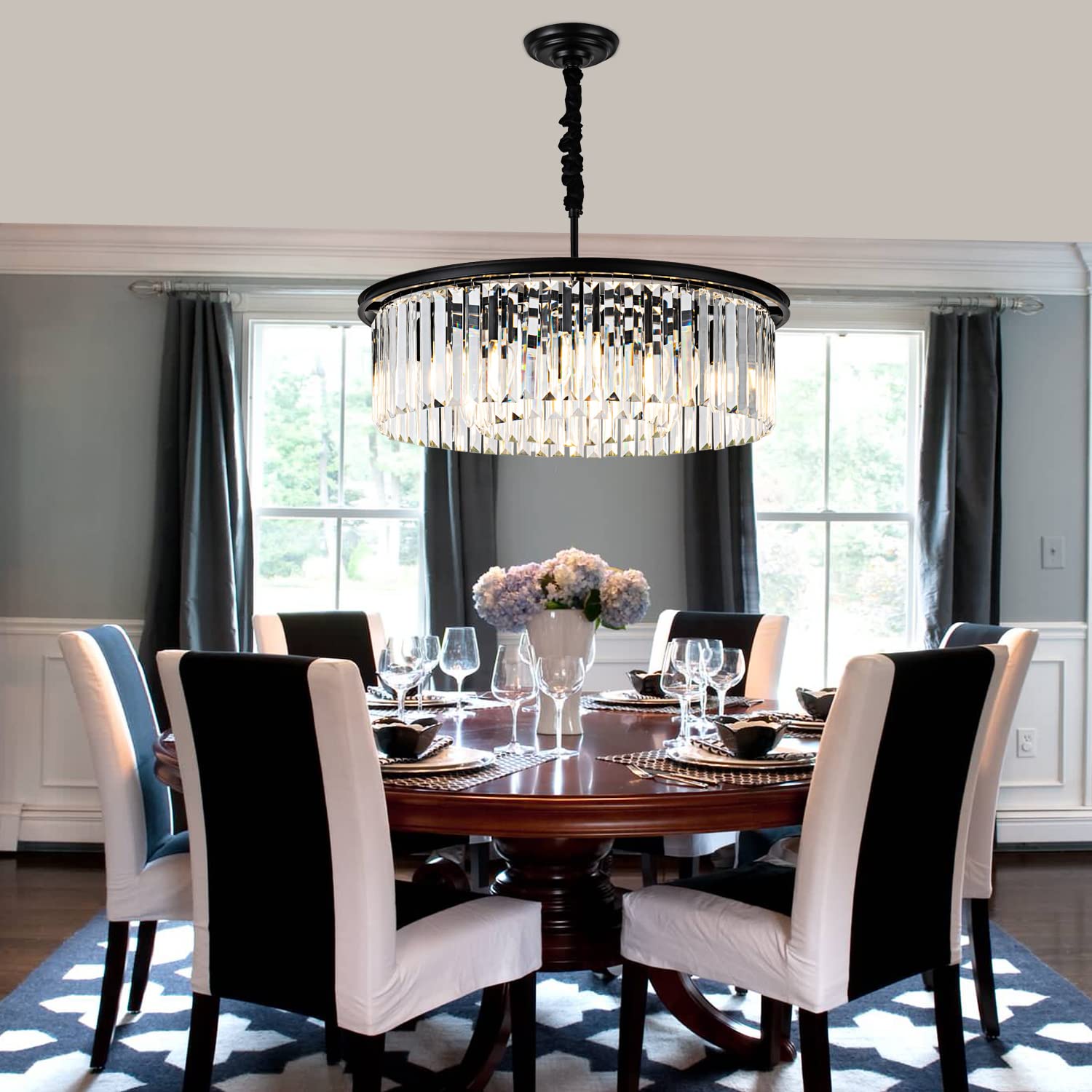 lighceac 23" 8-Light Modern Crystal Chandelier - Black Metal 2-Rings Pendant Lighting for Dining Room, Living Room, Kitchen, Bedroom