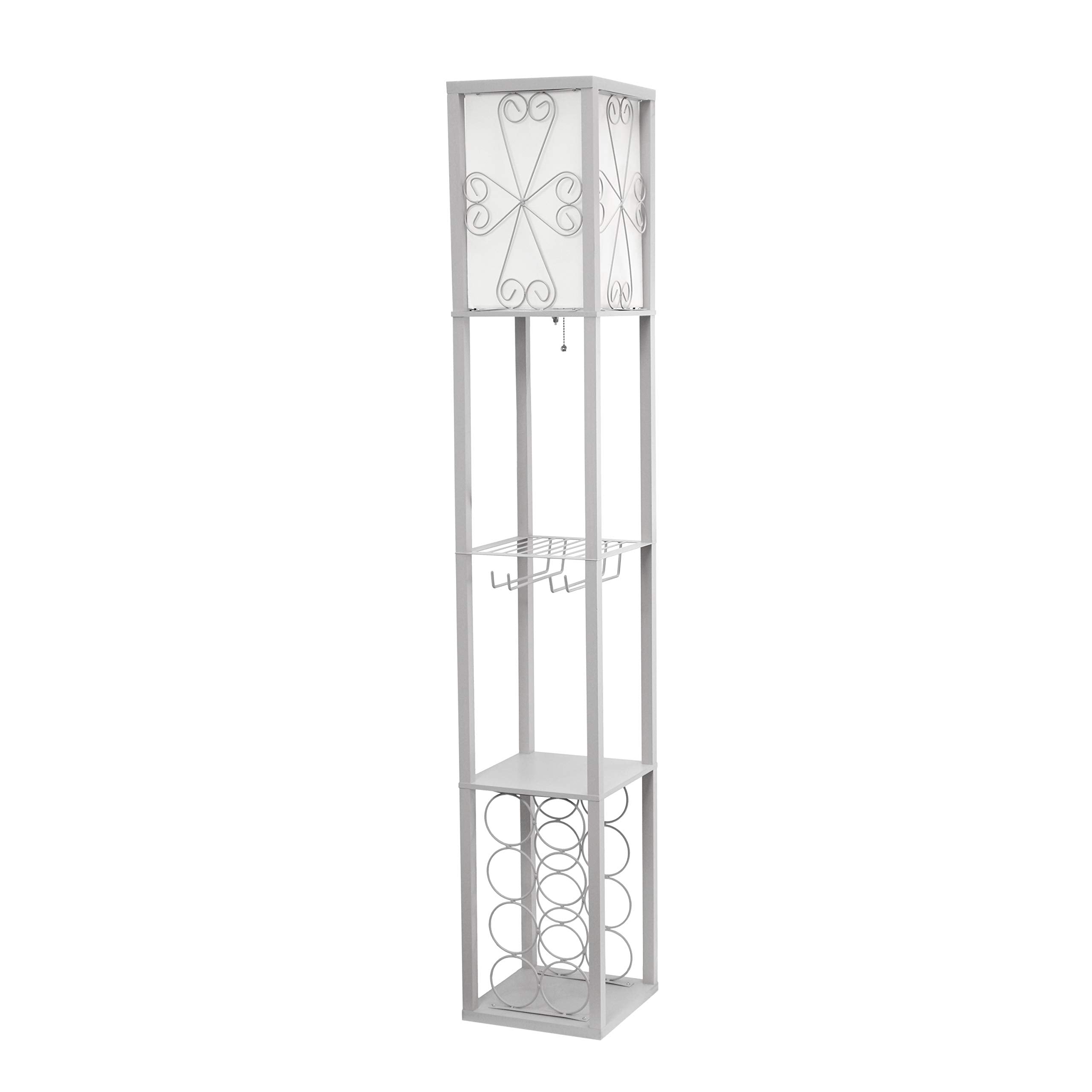 Simple Designs Lf1015-Gry Three Shelf Etagere Organizer Storage And Wine Rack Floor Lamp With White Linen Shade, Gray
