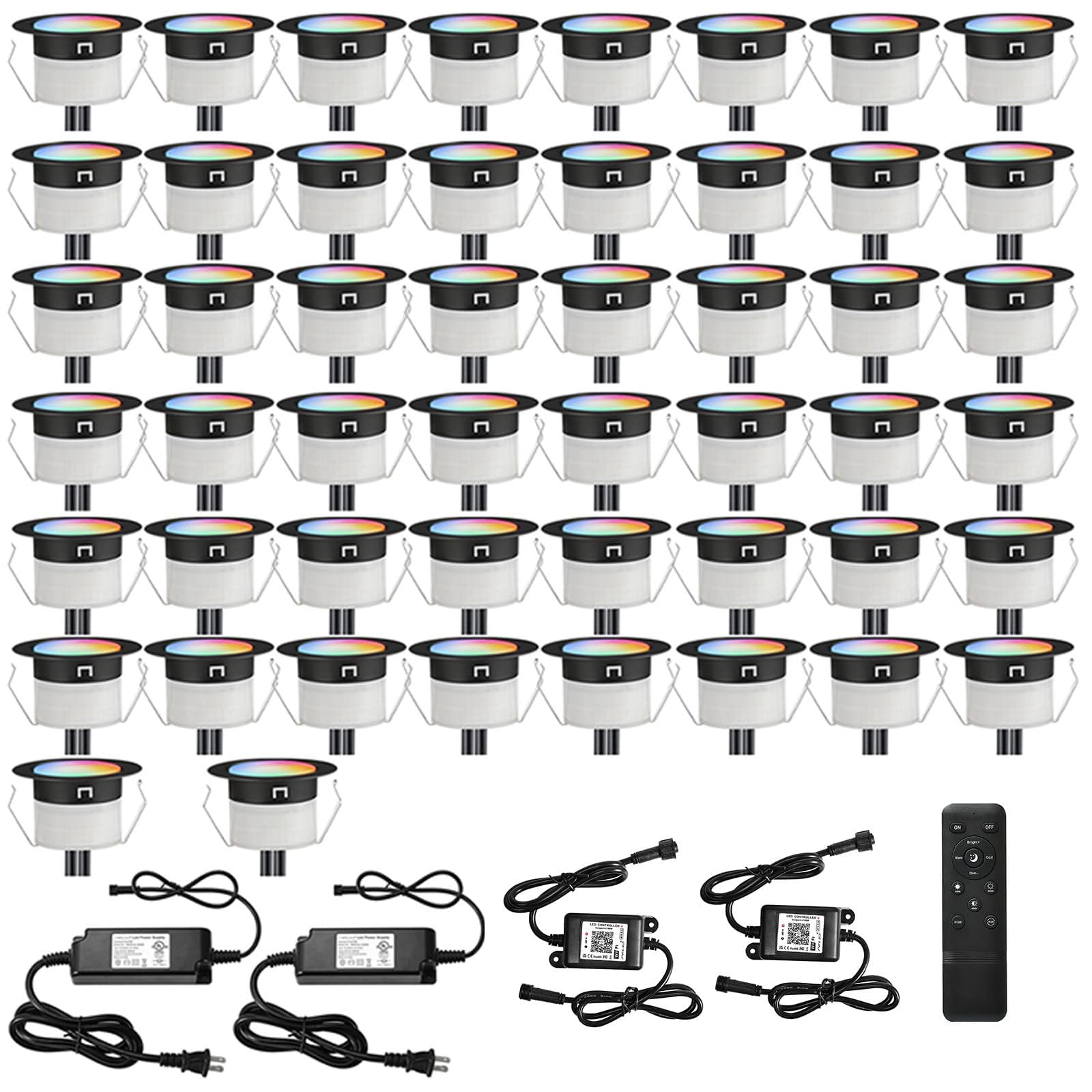 FVTLED LED Deck Lights Kit, 50pcs RGBW Recessed Waterproof Lighting, WiFi Control, Stainless Steel, Model D31B