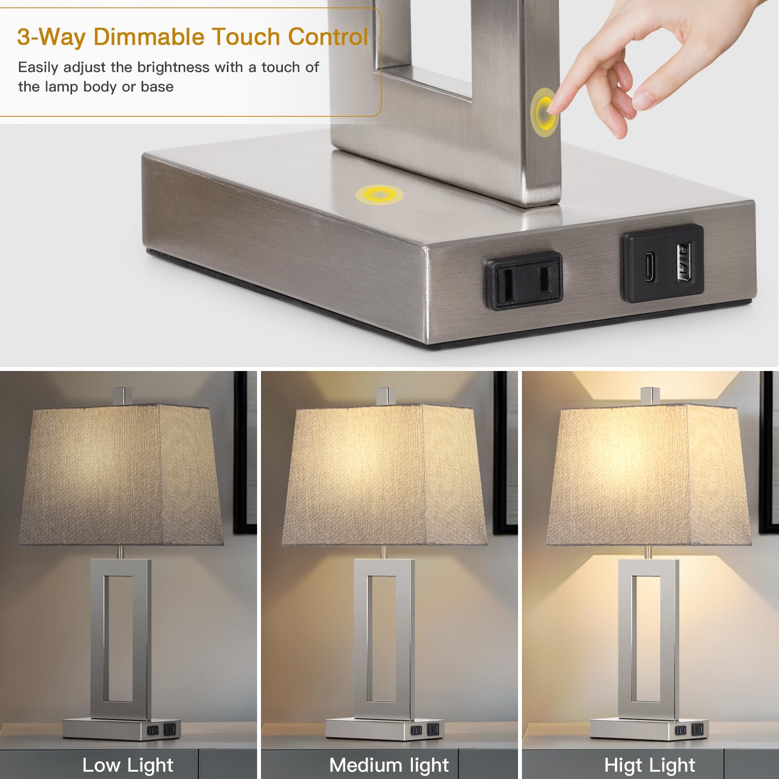 Cinkeda Touch Control Table Lamp Set of 2, Modern Gray Lamps with USB C+A Ports, 3-Way Dimmable, Model TD-CK