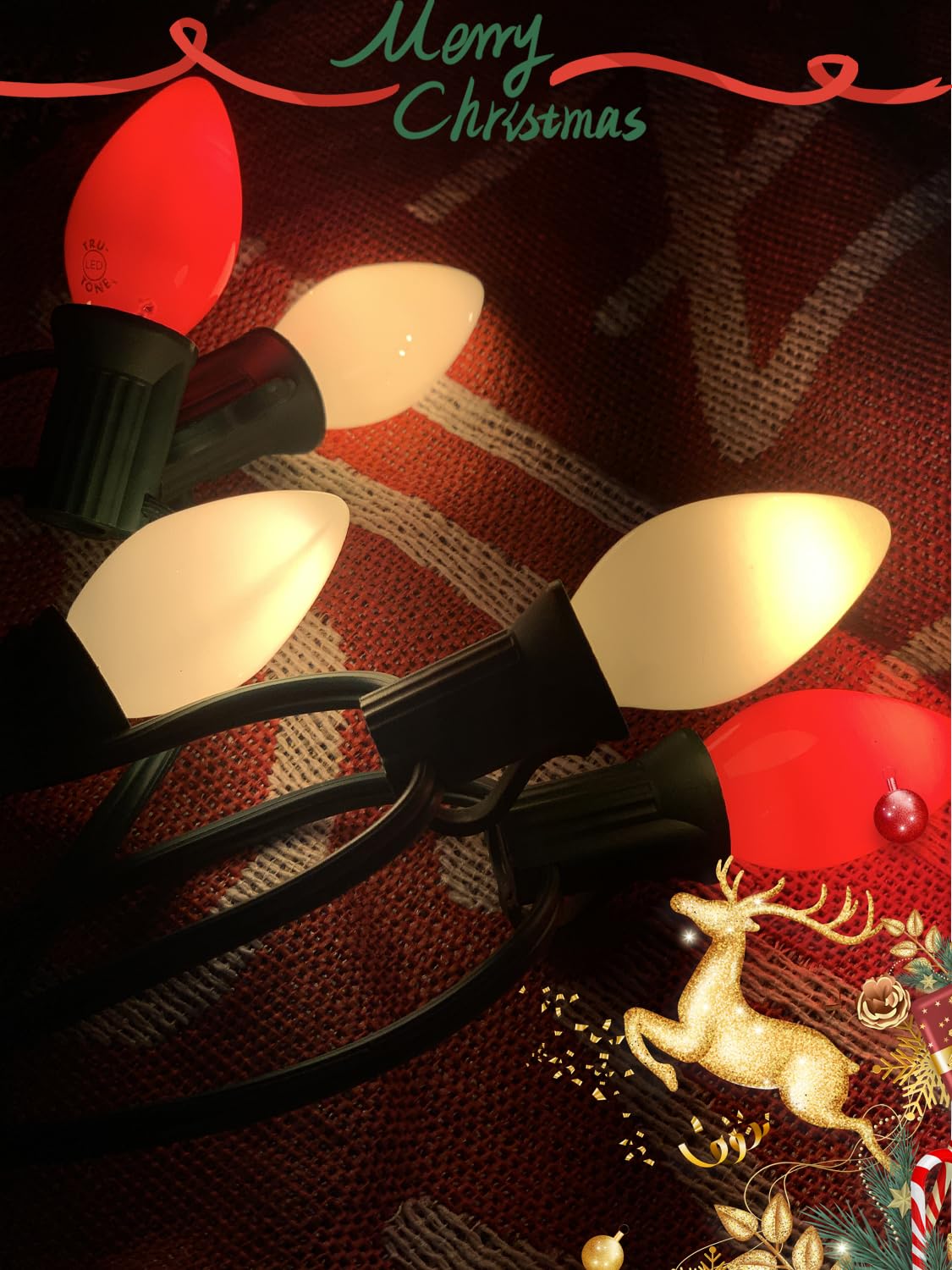 C7 Led Vintage Christmas Lights, 25Ft Outdoor Christmas String Lights With 27 Red And White Led Bulbs(2 Spare), Classic Christma