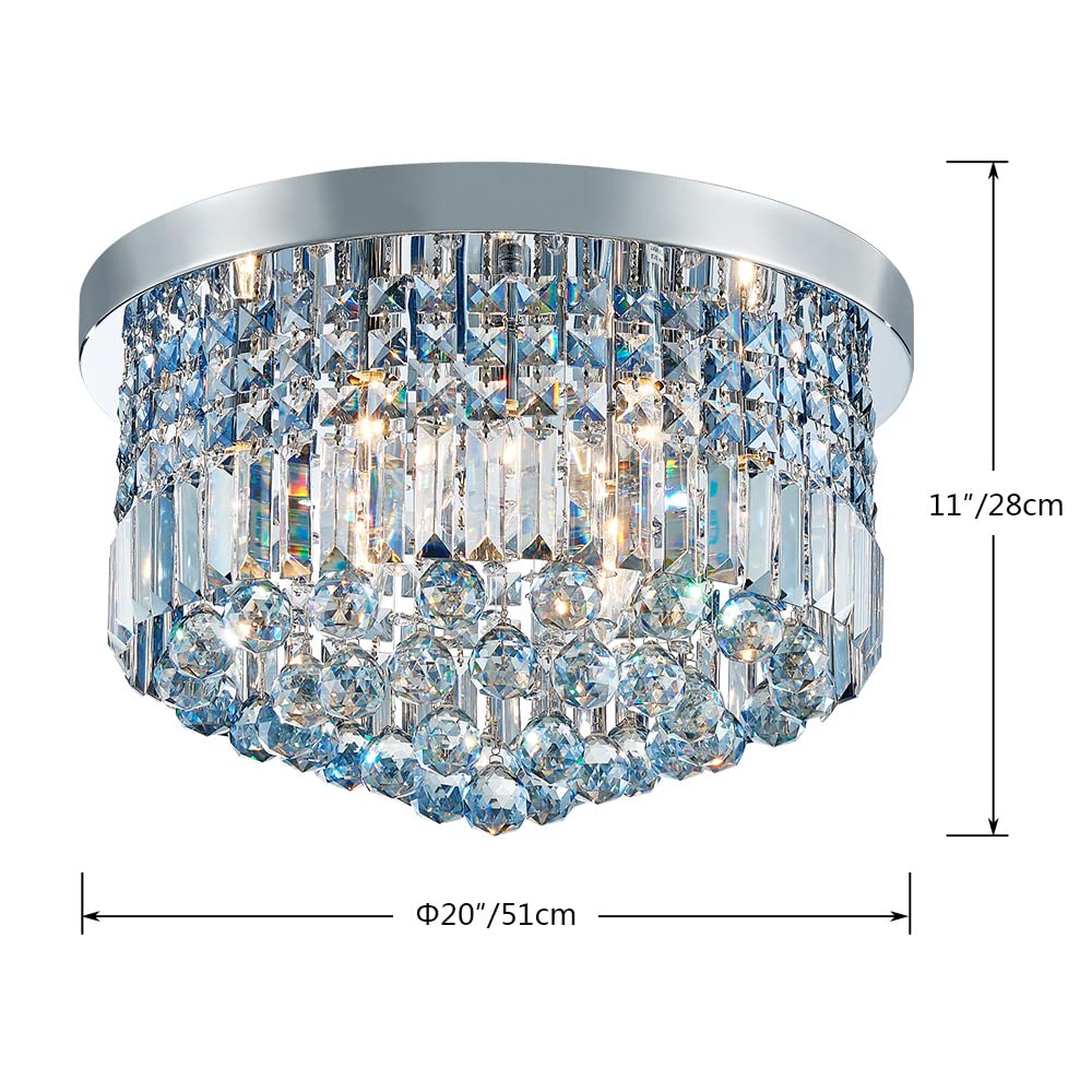 SM Saint Mossi 9-Light Modern K9 Crystal Chandelier, Flush Mount, H 11" x D 20", Light Blue Crystal & Chrome Finish, Model SM-DY-22017-