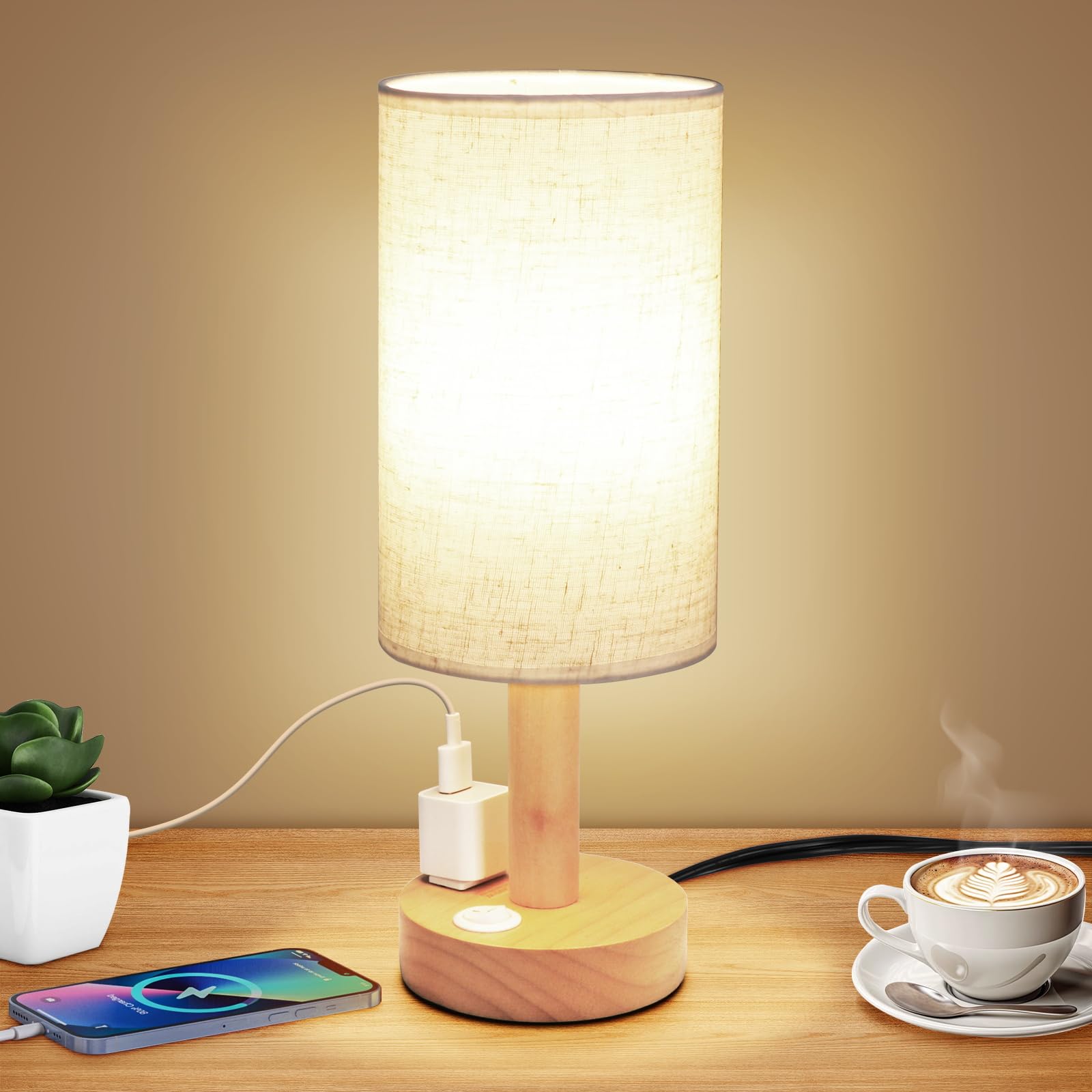UCHENTON Small Bedside Table Lamp with AC Outlet, Linen Shade, Beige, Model TL03