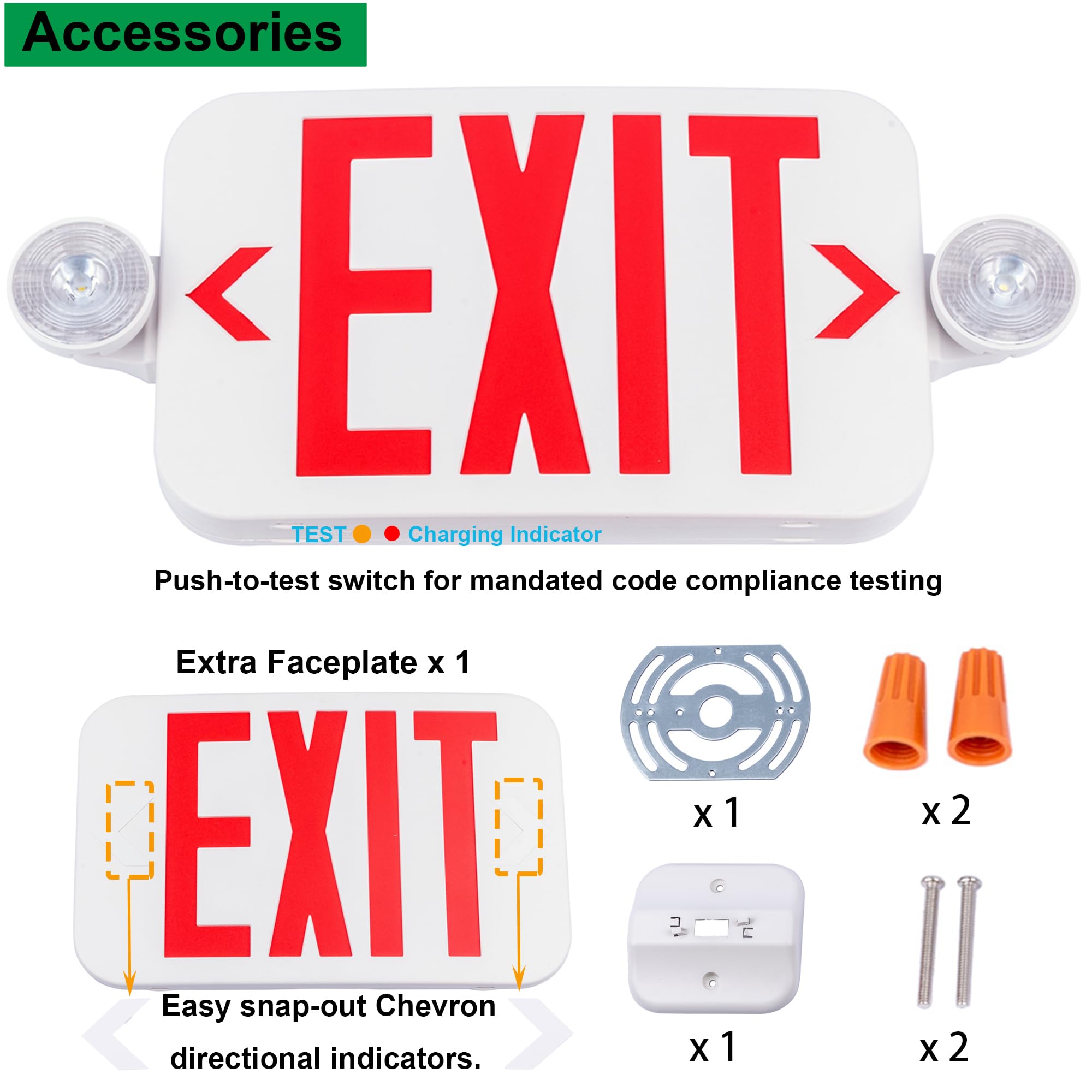 LIT-PaTH LED Combo EXIT Sign with 2 Adjustable Head Lights, Double Face, Red Letter, 2-Pack, UL 924, 120-277 Voltage, White
