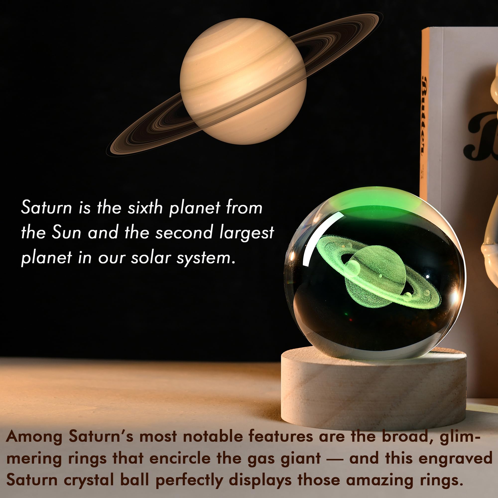 Ifolaina 3D Saturn Crystal Ball 2.36'' Laser Engraved Glass Planet Sphere Gifts With Colorful Lighted Base Decorative Glass Ball