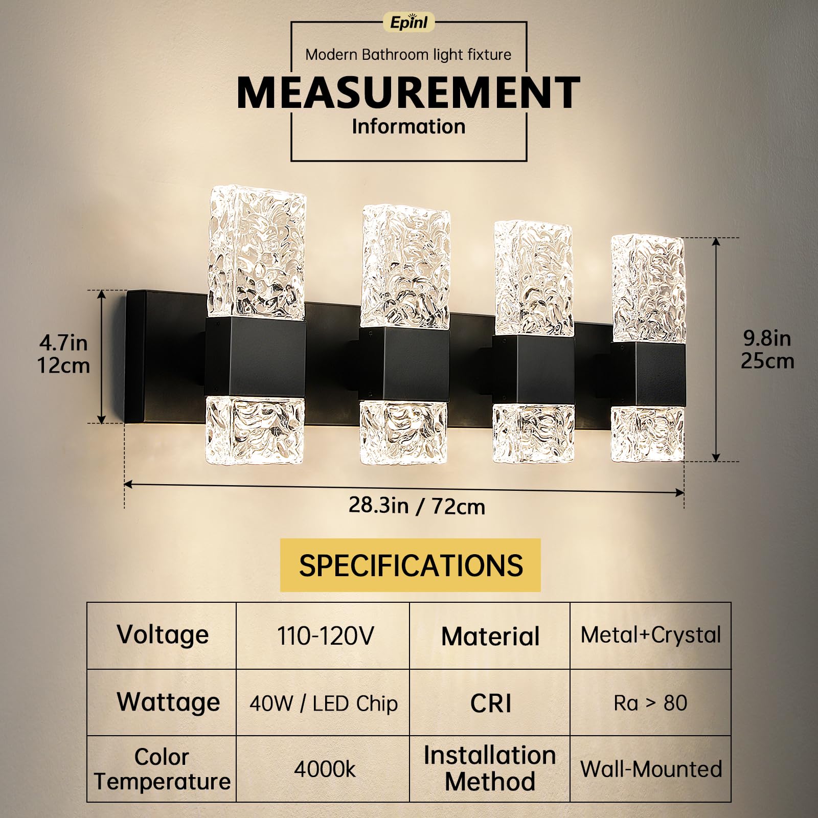 Epinl Black Bathroom Vanity Light Fixtures Bathroom Light Fixtures Over Mirror 4-Light 4000K Led Crystal Wall Sconces Modern 40W Brushed Hardwired Wall Lights For Bathroom Bedroom Living Room