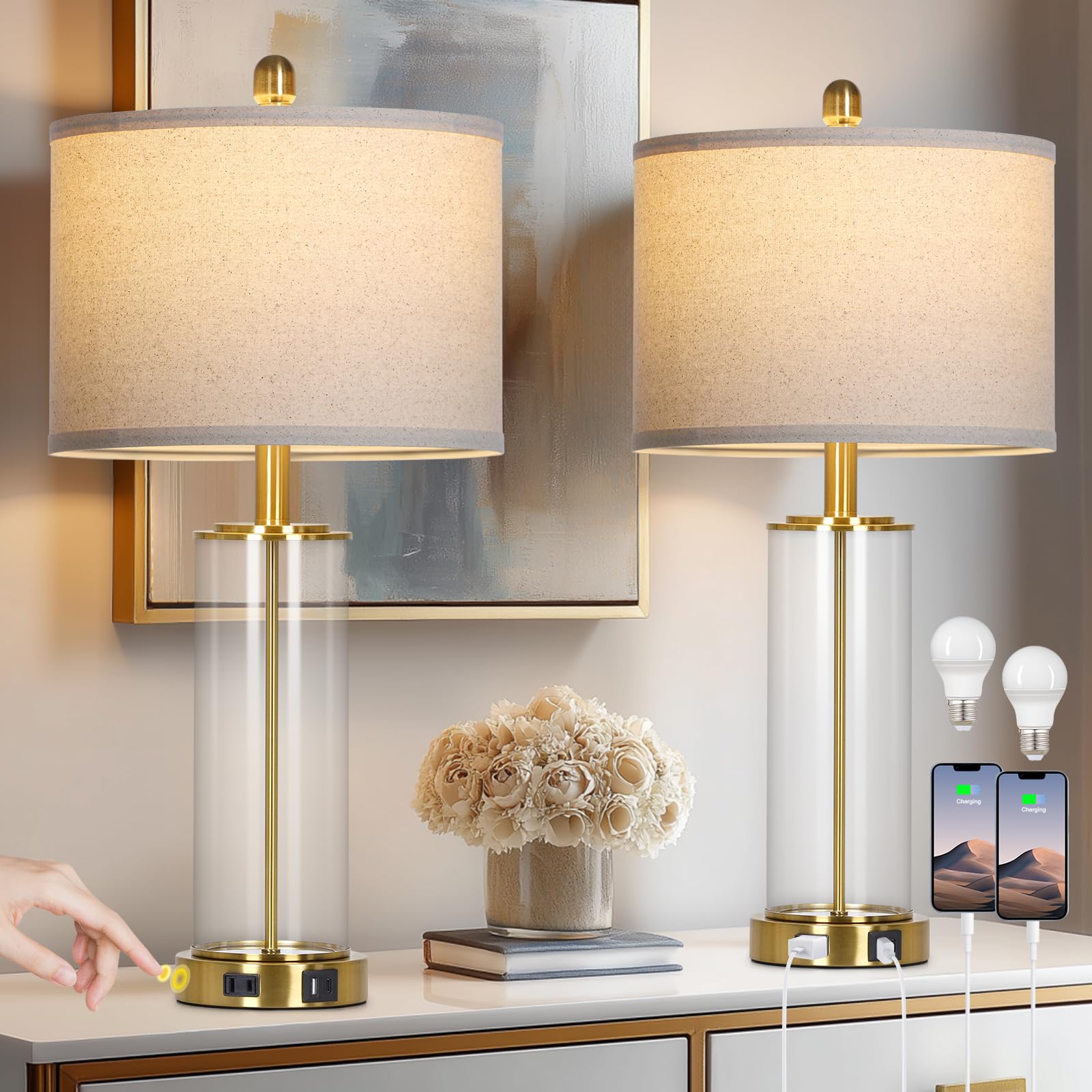 26 Gold Glass Table Lamps Set of 2  3-Way Dimmable Touch Control Glass Lamps for Living Room  Modern Bedroom Lamp with USB C+A Ports & Outlet  Classic Bedside Lamp for Nightstand Side End Decoration