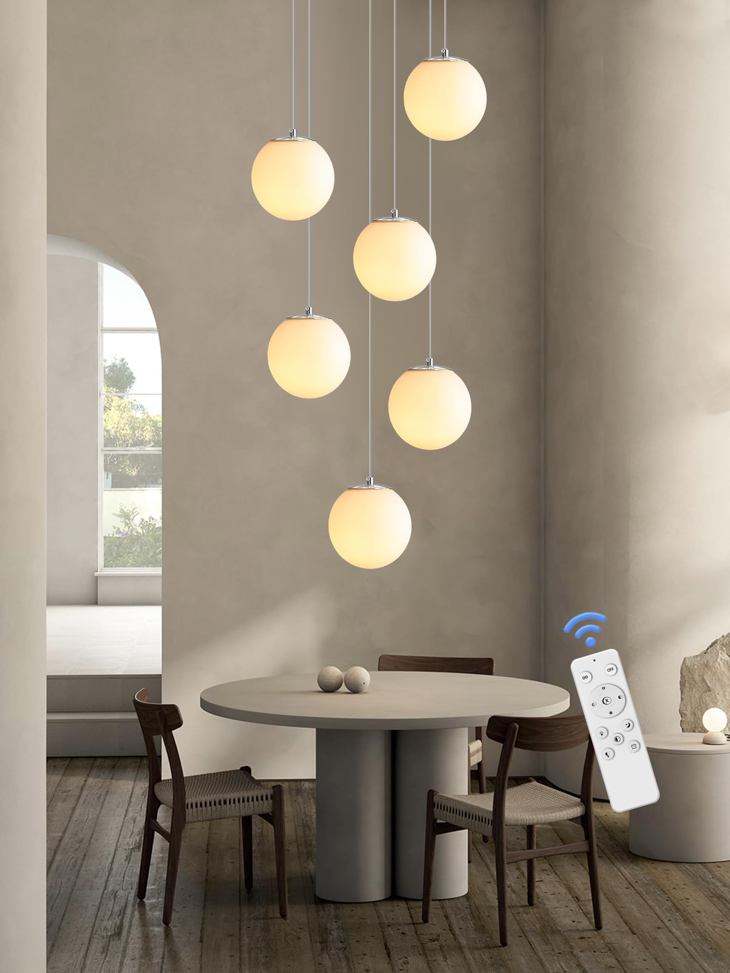 ykolupty 6-Light Silver Chandelier with White Globe Glass Dimmable Ceiling Light Glass Pendant Light for Kitchen Island, Dining 