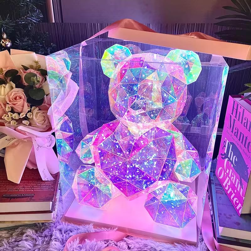 Aladdinas LED Teddy Bear Night Light, Holographic Iridescent Design, Nursery Decor Display Box with Ribbon (Pink Hear, Medium)