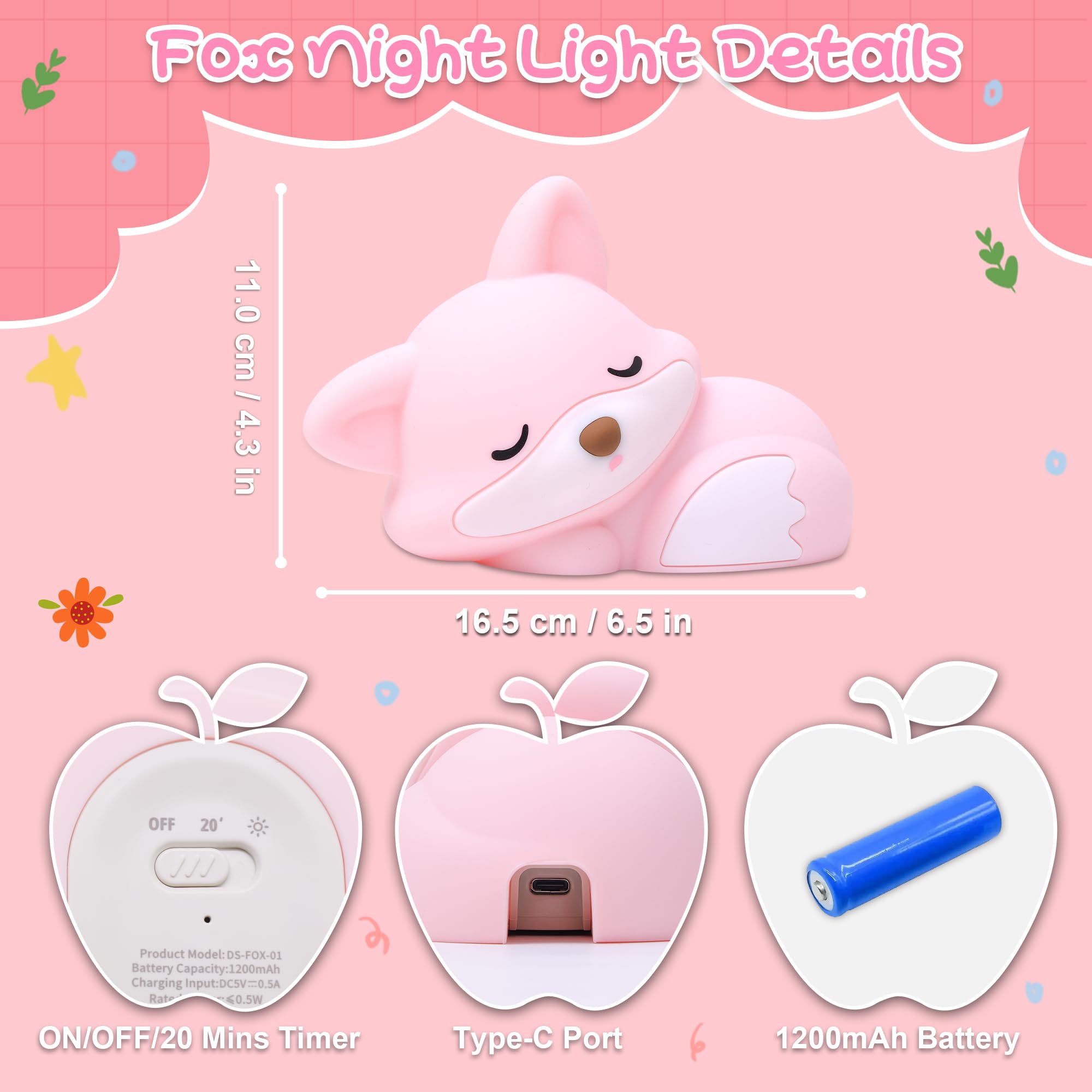 Okayera Fox Lamp For Girls  Pink Silicone Squishy Fox Shaped  20 Mins Auto-Off Rechargeable Dimmable Night Light  Fox Gifts For Nursery Baby Girl Women  Christmas Idea