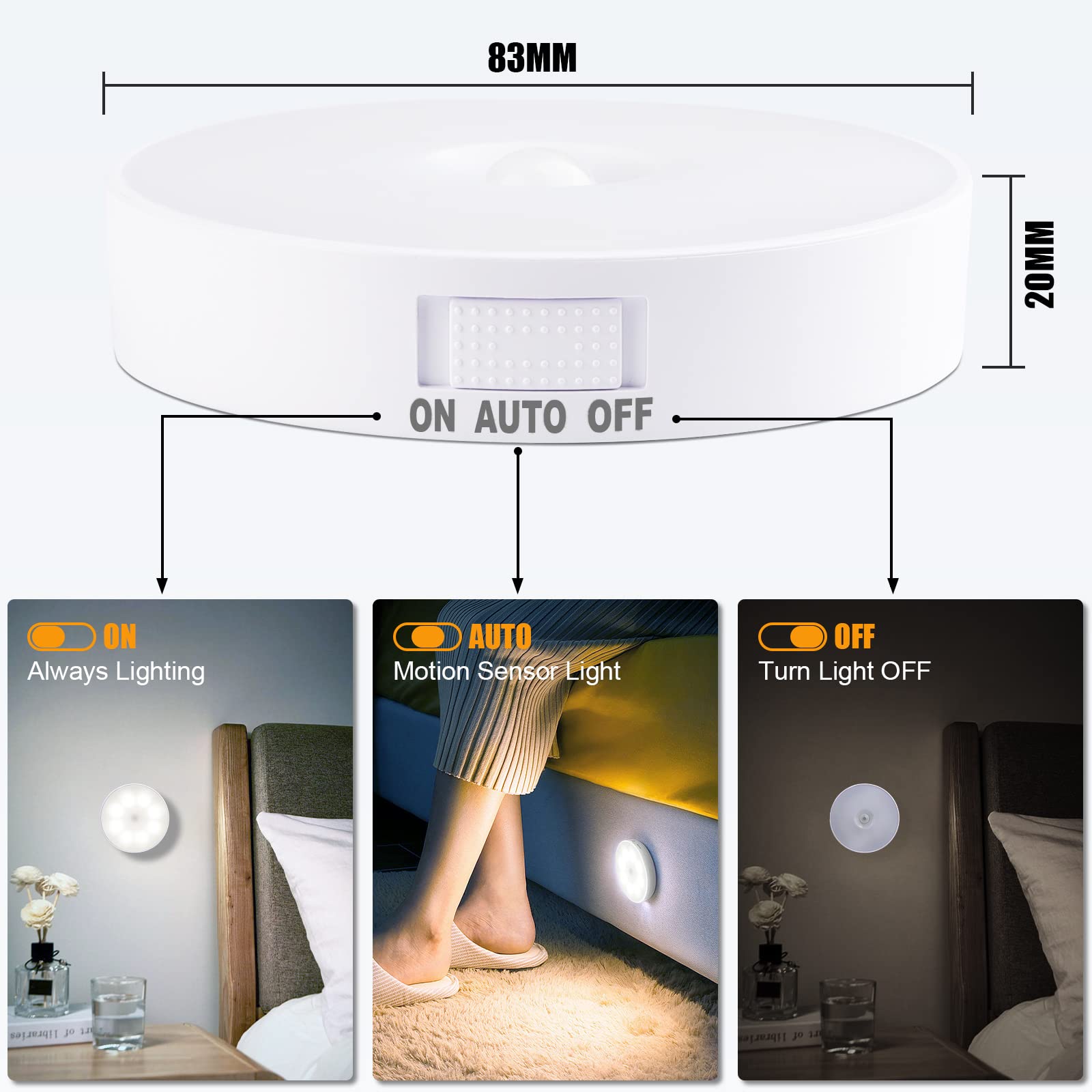 6 Pack Motion Sensor Light Indoor [8 Leds], Electight Night Light Usb Rechargeable, 400 Mah Battery & 3 Light Modes, Cordless Ma
