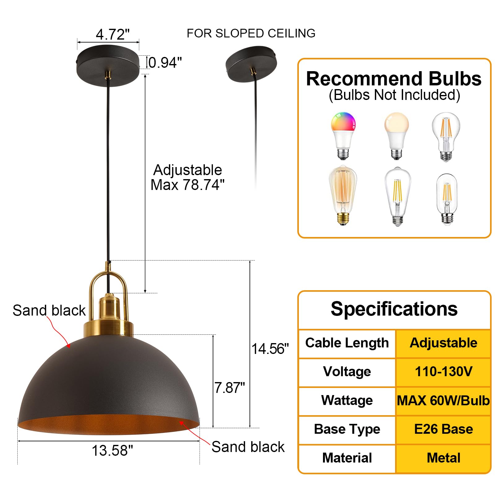 Yhanfengcy Modern Industrial Black Pendant Light - 13.58 Inch Diameter Pendant Light- 78.74 Inch Wire Length Perfect For Kitchen