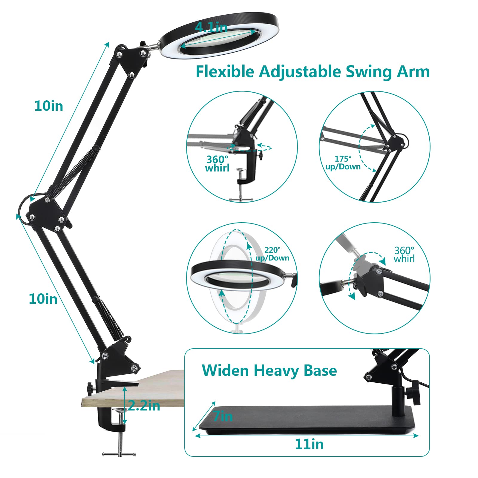 Kuvrs 10X Magnifying Glass With Light And Stand, Flexible Magnetic Helping Hands, Large Base & Clamp Magnifying Lamp, 3 Color Adjustable Arm Hands Free Magnifier With Light For Soldering Craft Hobby