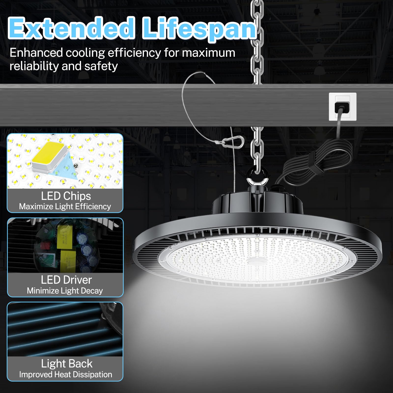 Thelux 6Pack 200W Led High Bay Light Super High Brightness 30000Lm 5000K,100V-277V,5000K With Us Plug, 5Cable Led Shop Light For