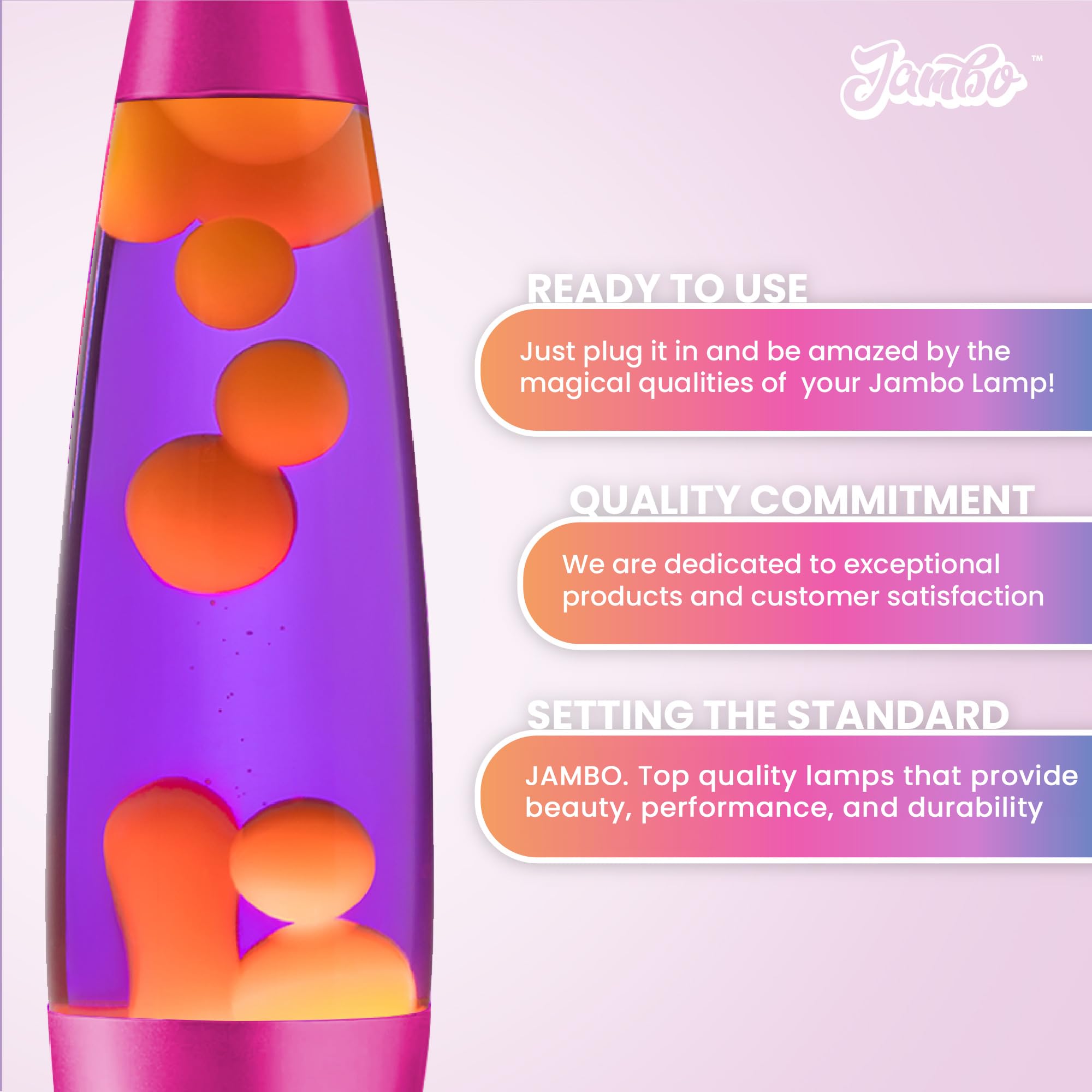 Jambo 16-Inch Liquid Lamp, Glass, Pink Base, Purple Liquid, Yellow Wax, Model KL-17, Relaxing Night Light for Kids & Adults