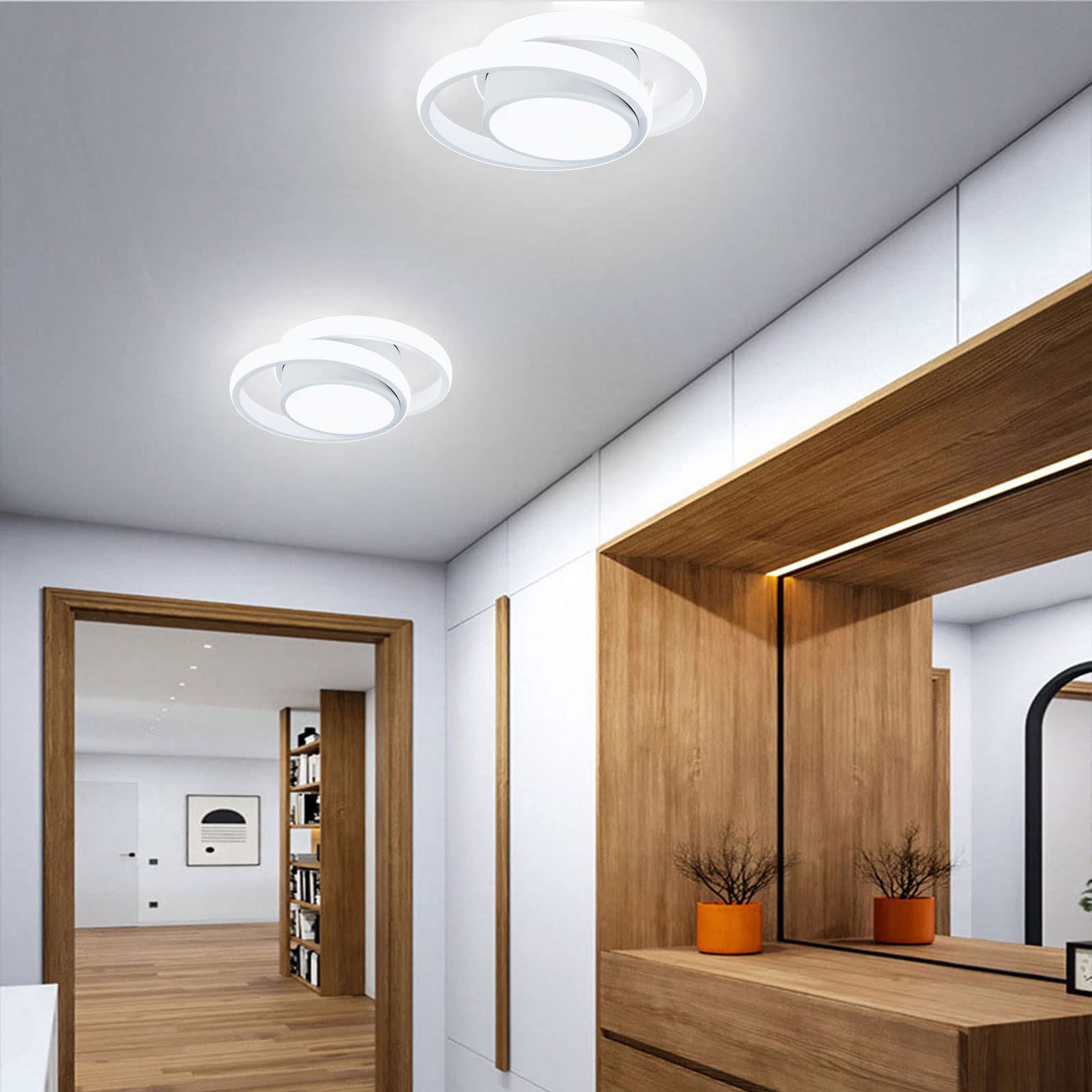 Caneoe 2 Packs Small Modern Led Ceiling Light 2 Rings Creative Design Ceiling Lamp Indoor Hallway Lighting Fixtures For Hallway Living Room Bedroom Kitchen Office (White)