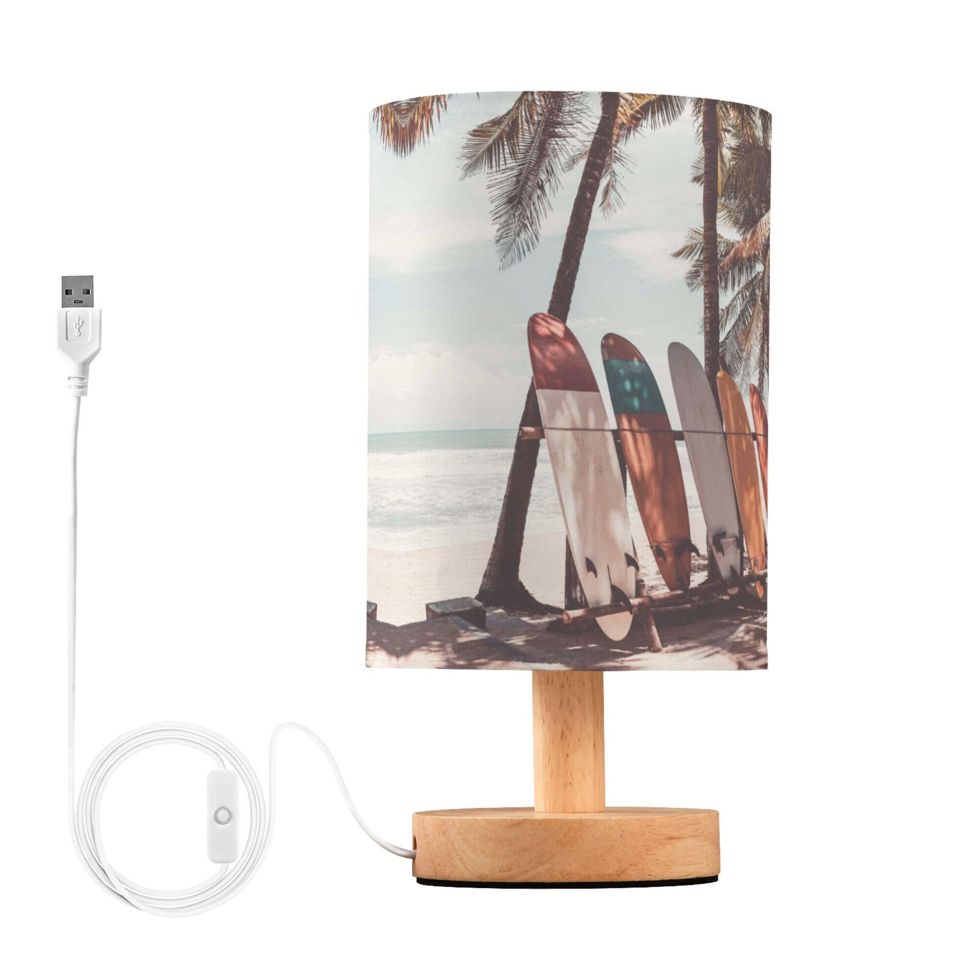 YYZZH Table Lamp Surfboard Palm Tree on Tropical Beach Retro Summer Ocean Nightstand Lamp with Wood Base Fabric Lamp Shade Bedsi