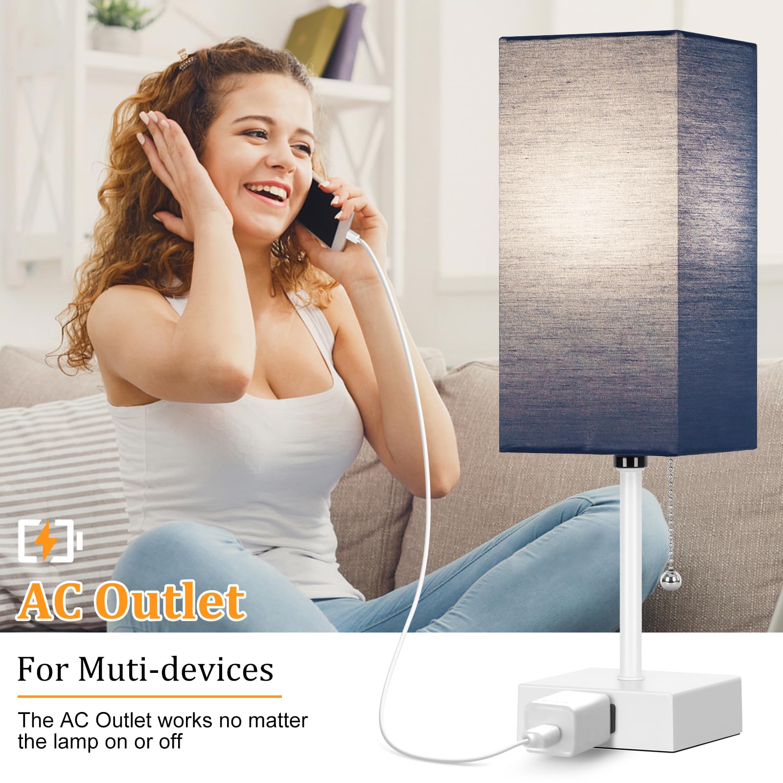 Dott Arts Table Lamp Set of 2, 15inch Metal 3-Color Bedside Lamps with Pull Chain, White-Blue, Model PTL6W-012