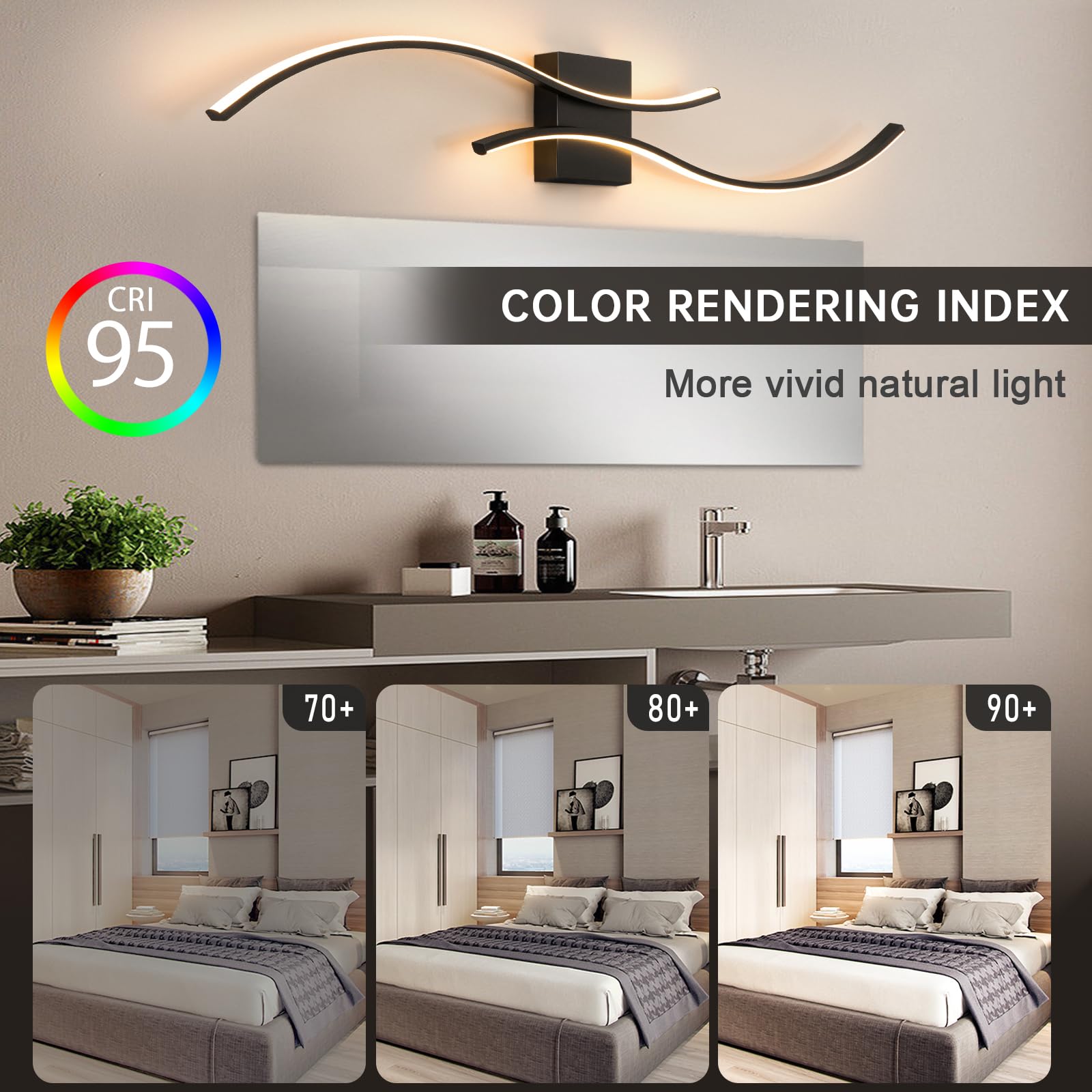 Caneoe Modern Led Wall Light Sconce, 39 Black Aluminum, Warm White 3000K, Ideal For Bathroom, Living Room, Bedroom, Hallway